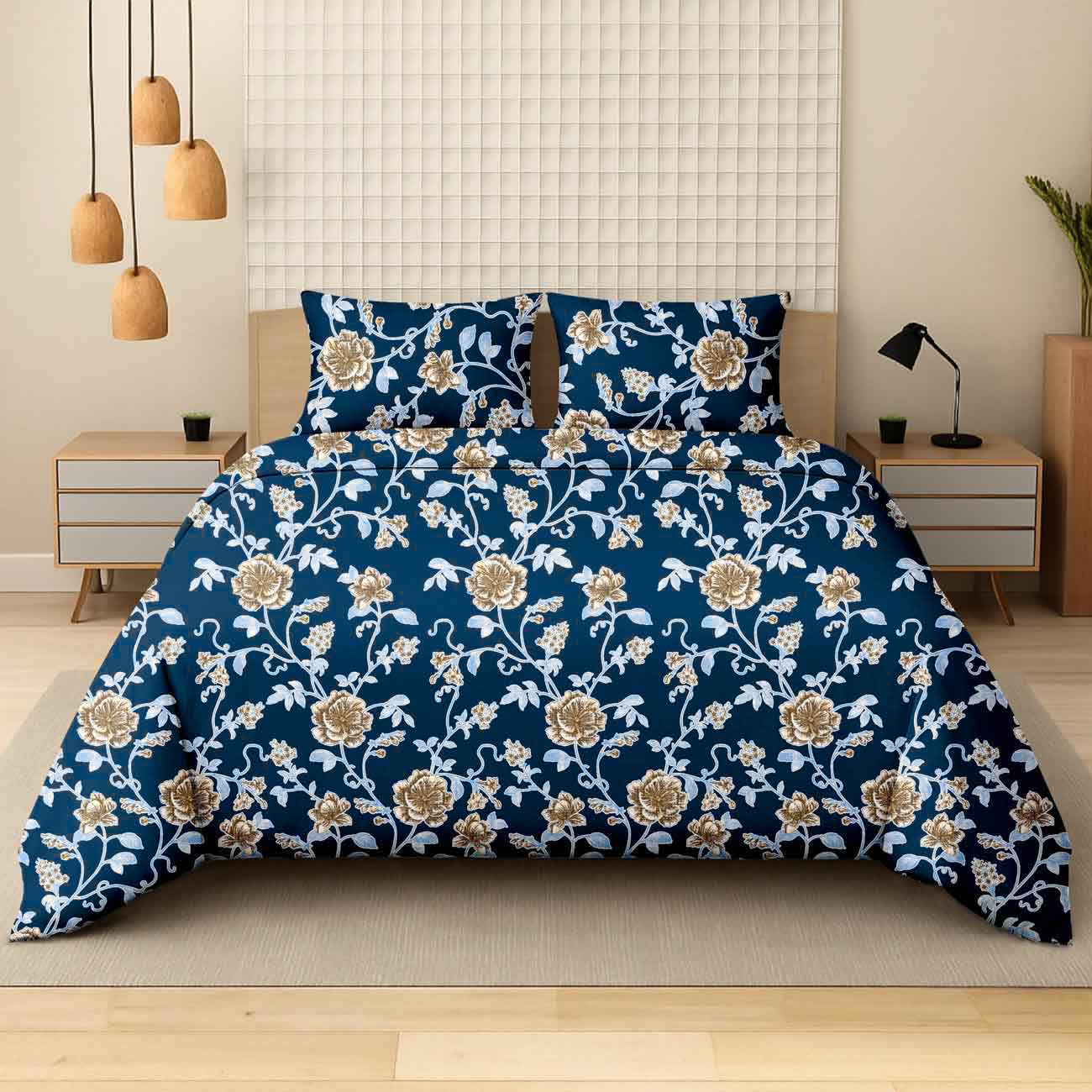 Blue-green-flower-8C Imperial Floral Vine Deep Teal Luxury Cotton Double Bedsheet for Double Bed with 2 Pillow Covers | Premium Floral Bedding - Image 1