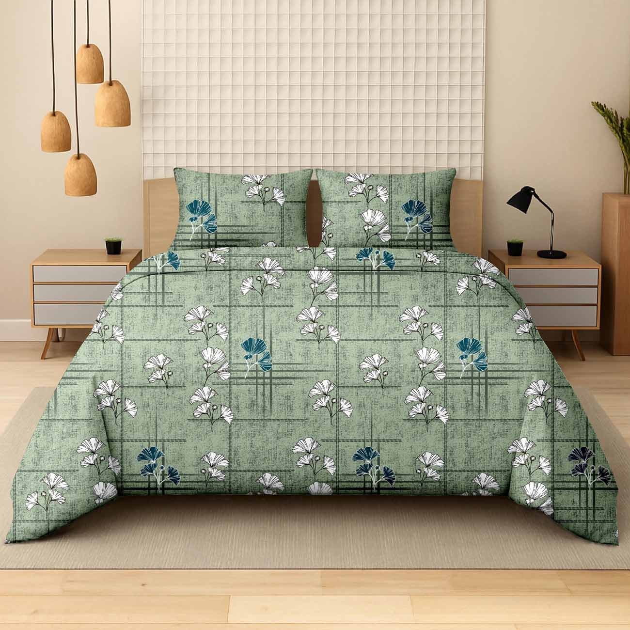 Green-pastel-abstract-5C Pastel Green Abstract Ginkgo Luxury Cotton Double Bedsheet for Double Bed with 2 Pillow Covers | Premium Abstract Floral Bedding Sets - Image 1