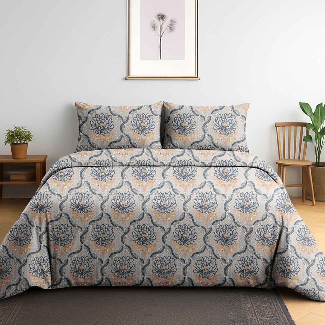 Light-grey-abstract-12A Serene Blossom Mist Blue Floral Cotton Double Bedsheet with 2 Pillow Covers | Queen Size Bedding Set - Image 1