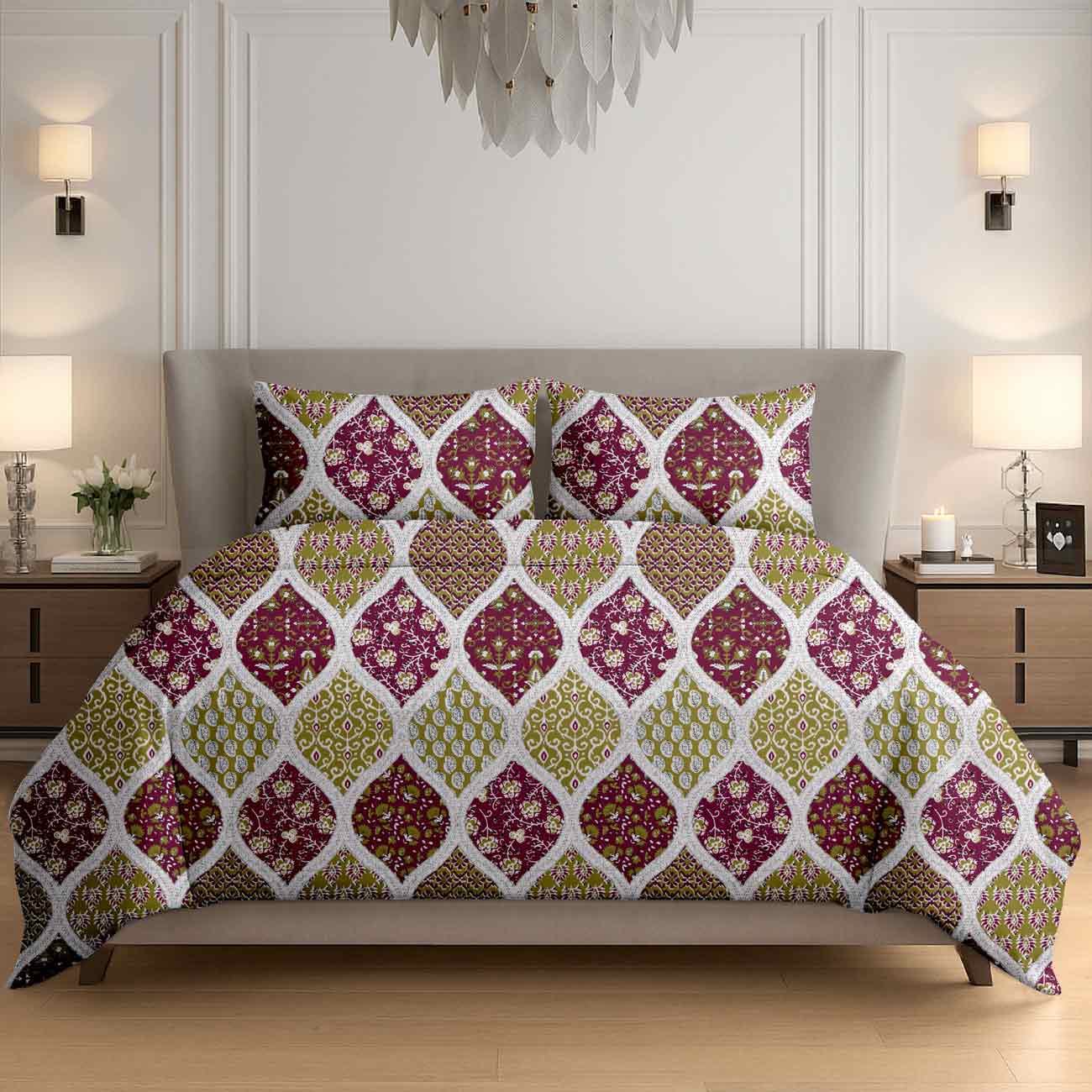 Maroon-green-boho-3A Maroon Green Boho Floral Cotton Double Bedsheet for Double Bed with 2 Pillow Covers | Premium Bedding Sets - Image 1