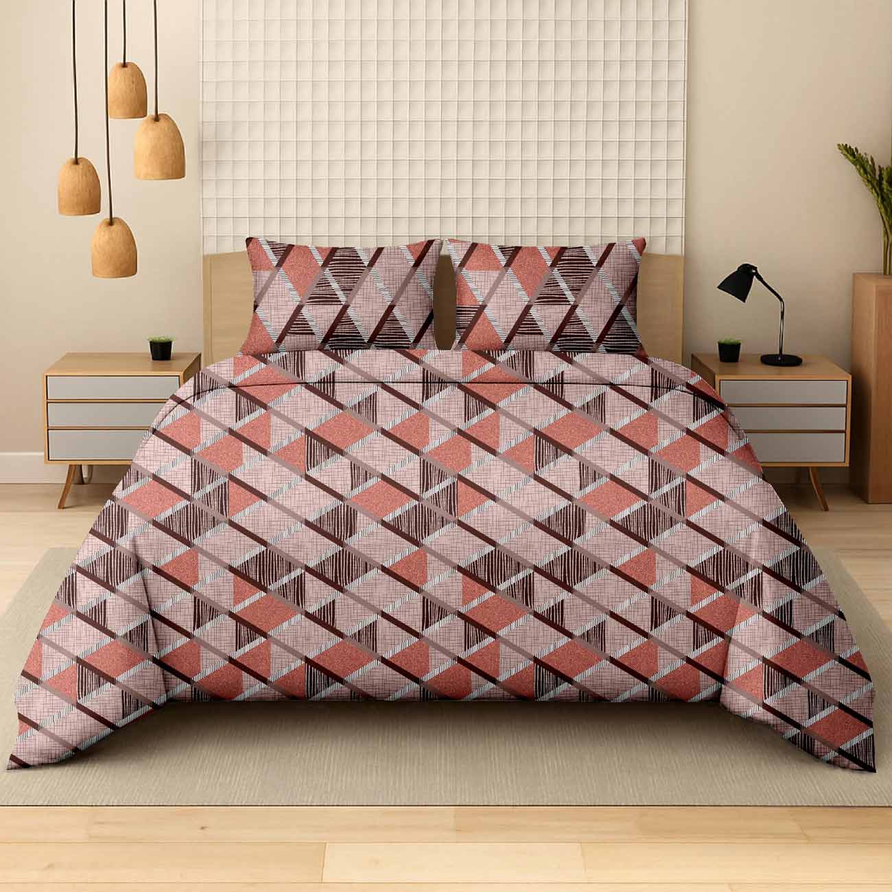 Red-geo-4C Soft Red Geometric Cotton Double Bedsheet for Double Bed with 2 Pillow Covers | Premium Bedding Sets - Image 1