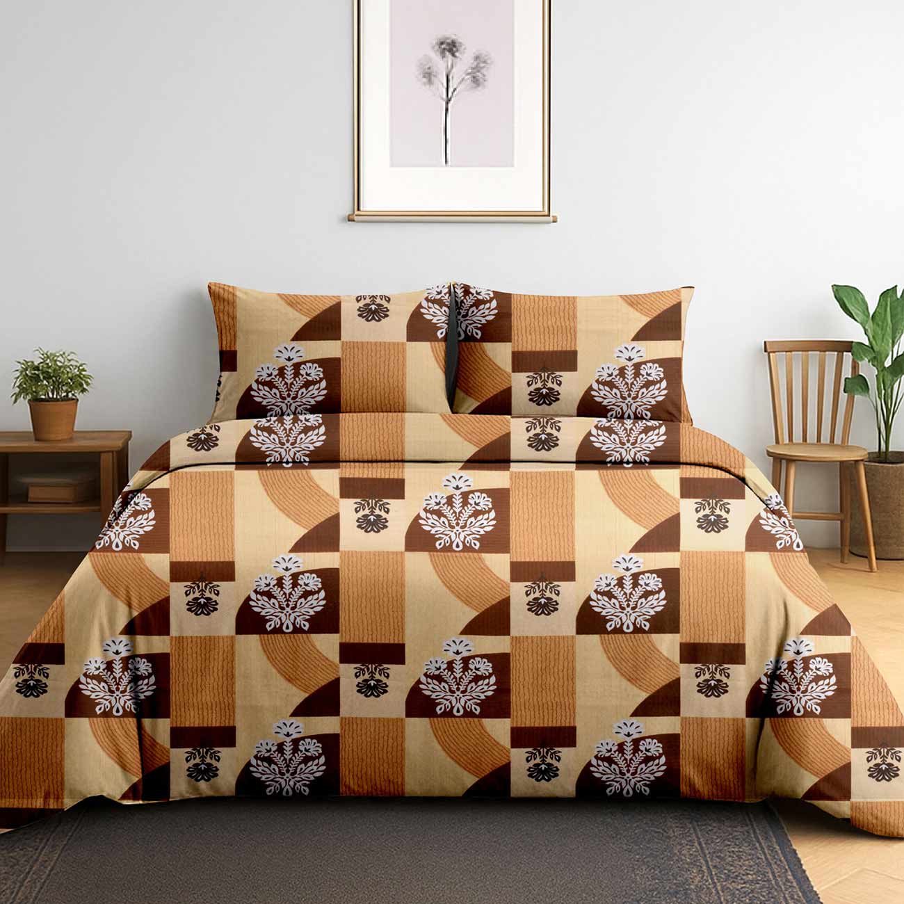 Yellow-abstract-5B Timber Aura Abstract Cotton Double Bedsheet for Double Bed with 2 Pillow Covers | Premium Double Bed Bedsheet - Image 1