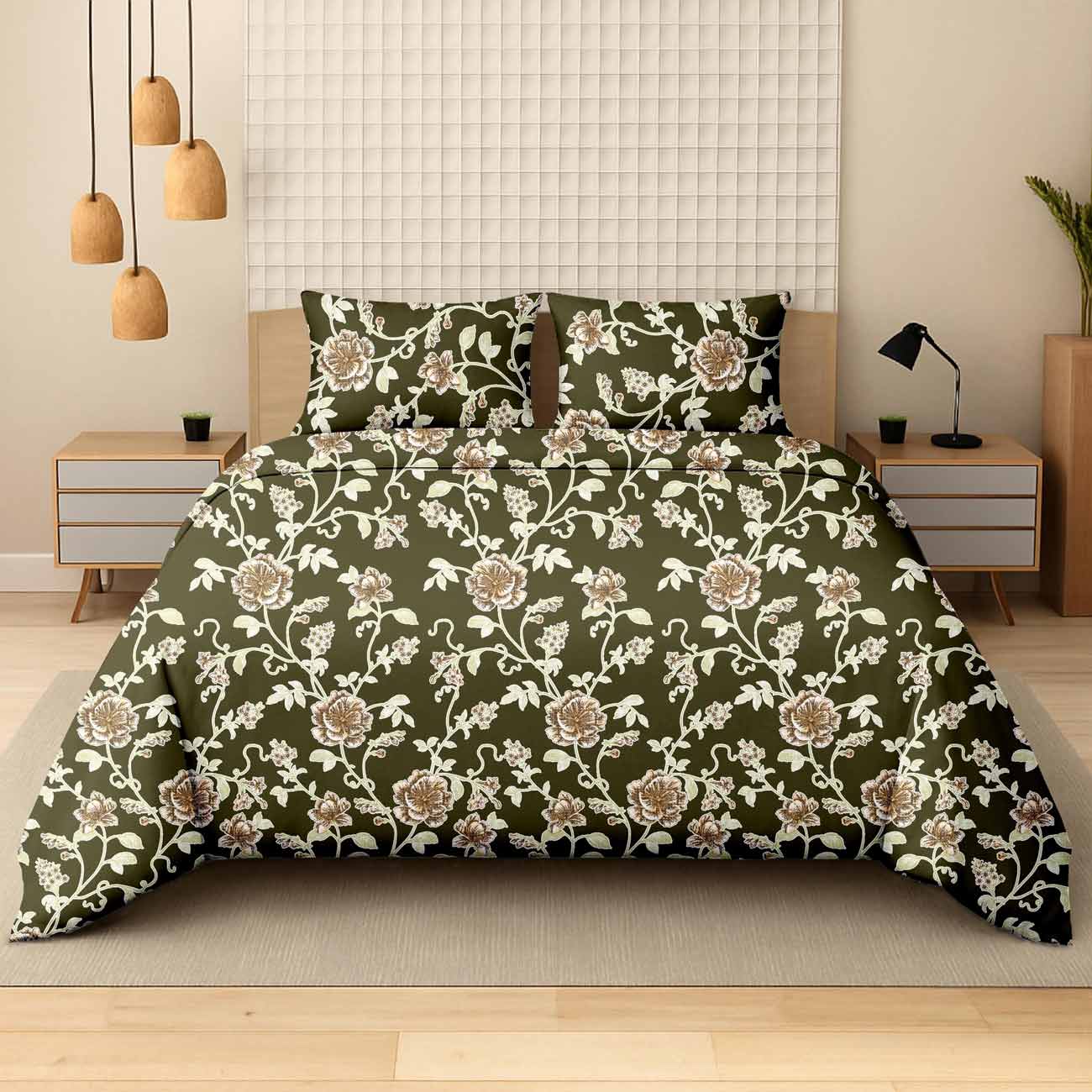 bottle-green-flower-8A Imperial Floral Vine Bottle Green Luxury Cotton Double Bedsheet for Double Bed with 2 Pillow Covers | Premium Floral Bedding - Image 1