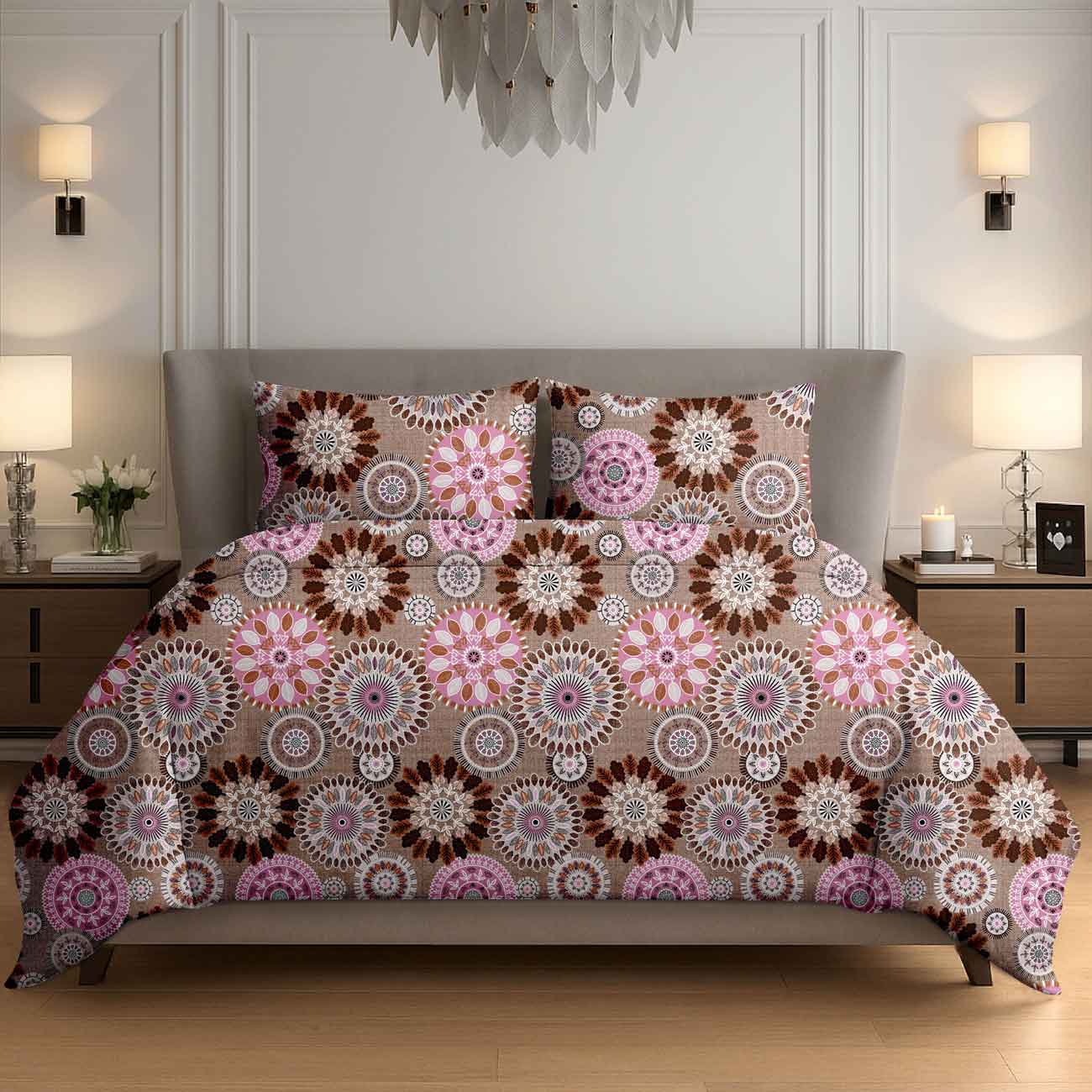 brown-rangoli-7A Warm Brown Mandala Rangoli Cotton Double Bedsheet for Double Bed with 2 Pillow Covers | Premium Bedding Sets - Image 1