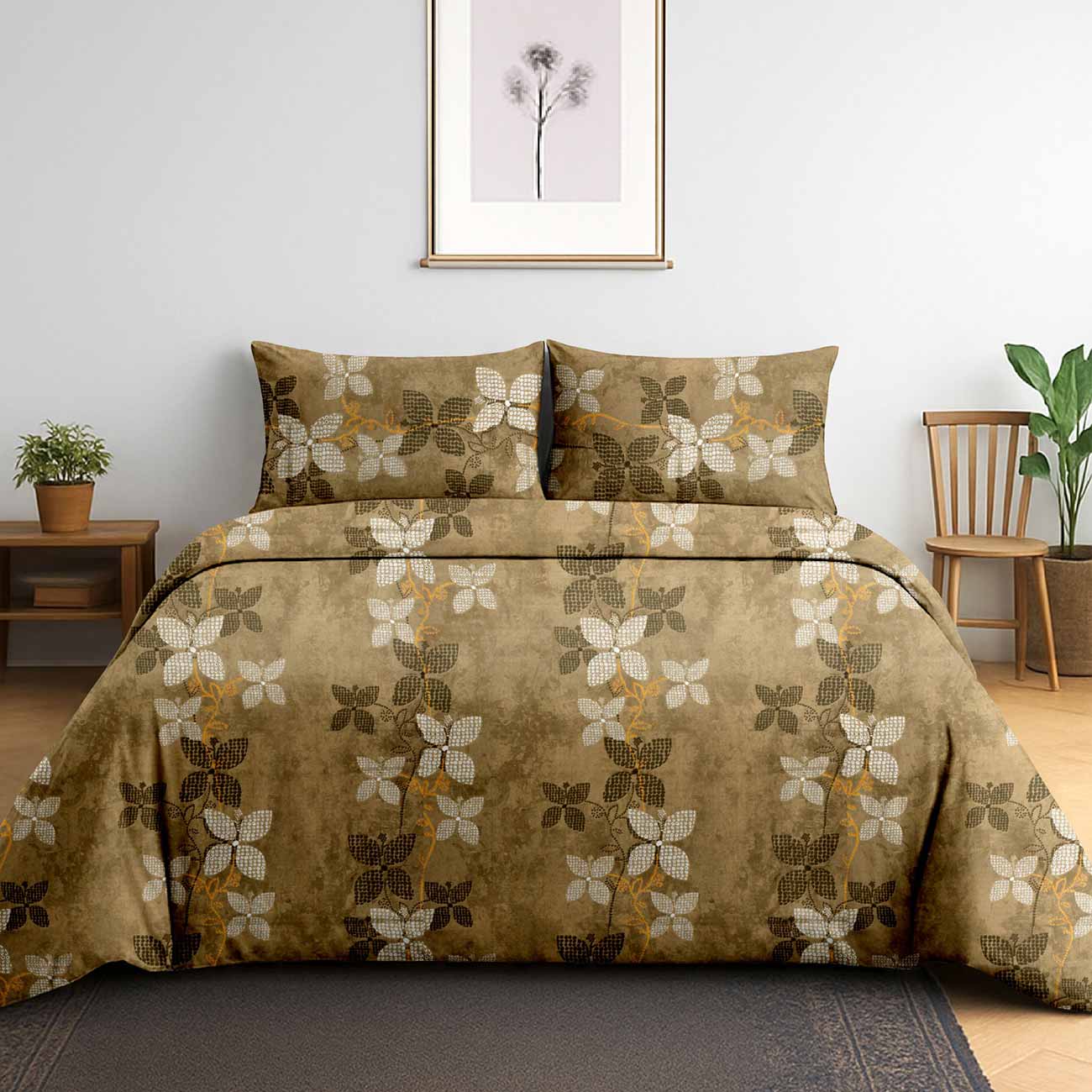 coffee-yellow-flower-8A Golden Meadow Sprigs Cotton Double Bedsheet for Double Bed with 2 Pillow Covers | Premium Cotton Bedding Collection - Image 1
