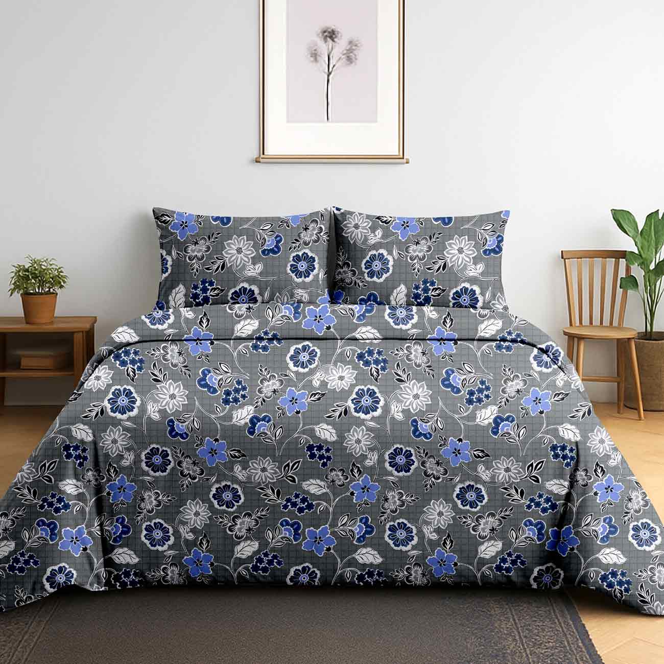 dark-grey-geo-10A Midnight Azure Bloom Cotton Double Bedsheet for Double Bed with 2 Pillow Covers | Queen Size Bed Sheets - Image 1