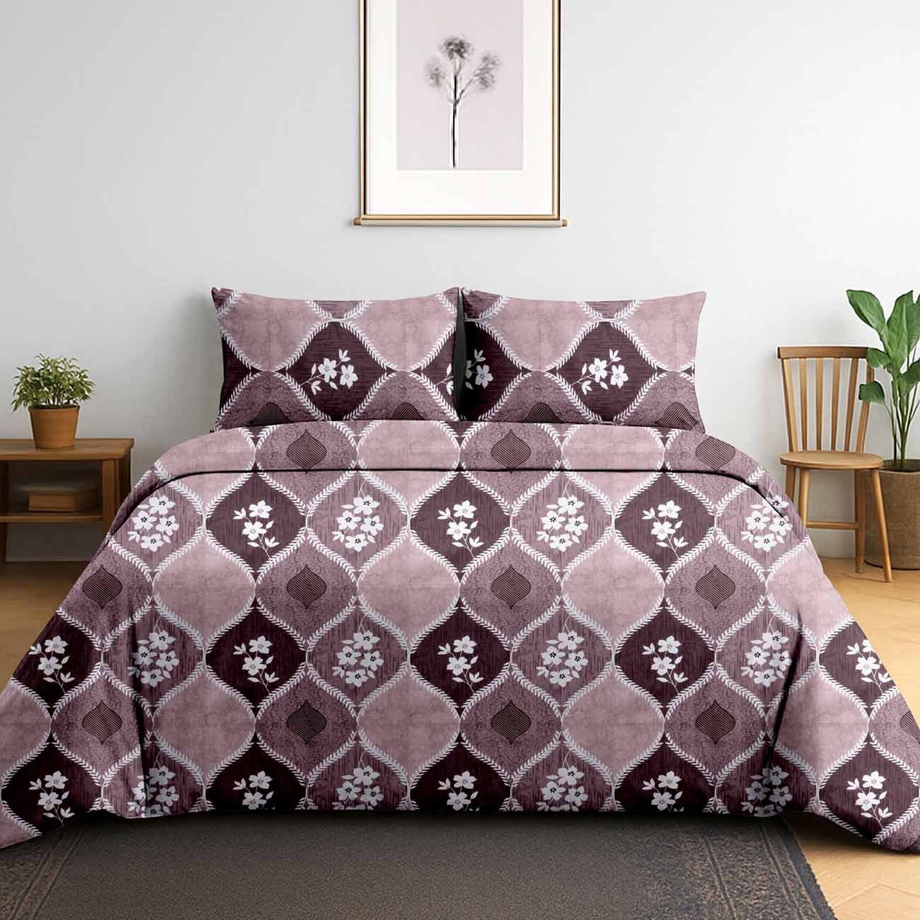dark-pink-7b Rose Mosaic Grace Cotton Double Bedsheet for Double Bed with 2 Pillow Covers | Cotton Bedding Collection - Image 1