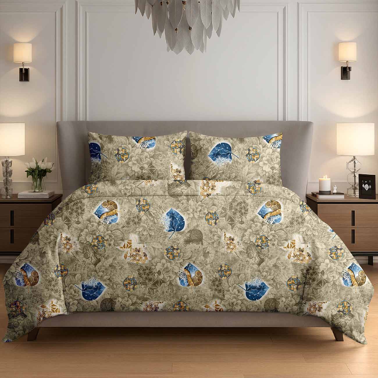 green-abstract-5B Earthy Green Abstract Leaf Cotton Double Bedsheet for Double Bed with 2 Pillow Covers | Premium Bedding Sets - Image 1