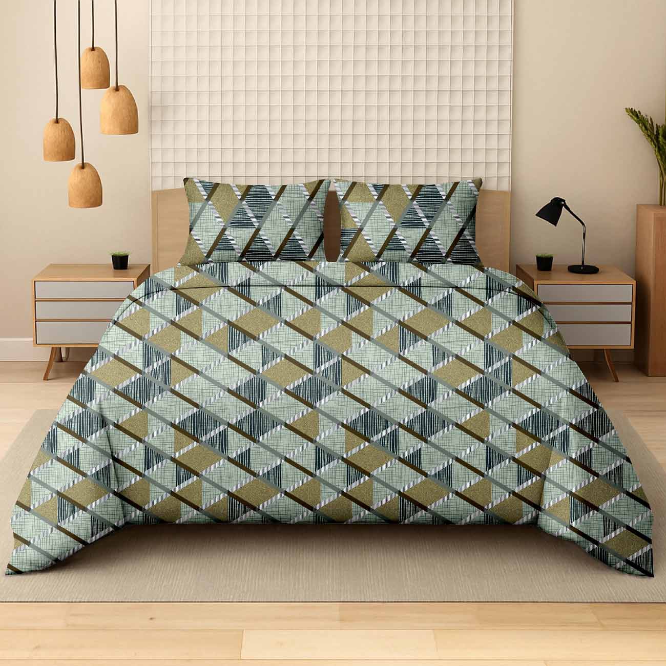 green-geo-4A Classic Green Geometric Cotton Double Bedsheet for Double Bed with 2 Pillow Covers | Premium Bedding Sets - Image 1