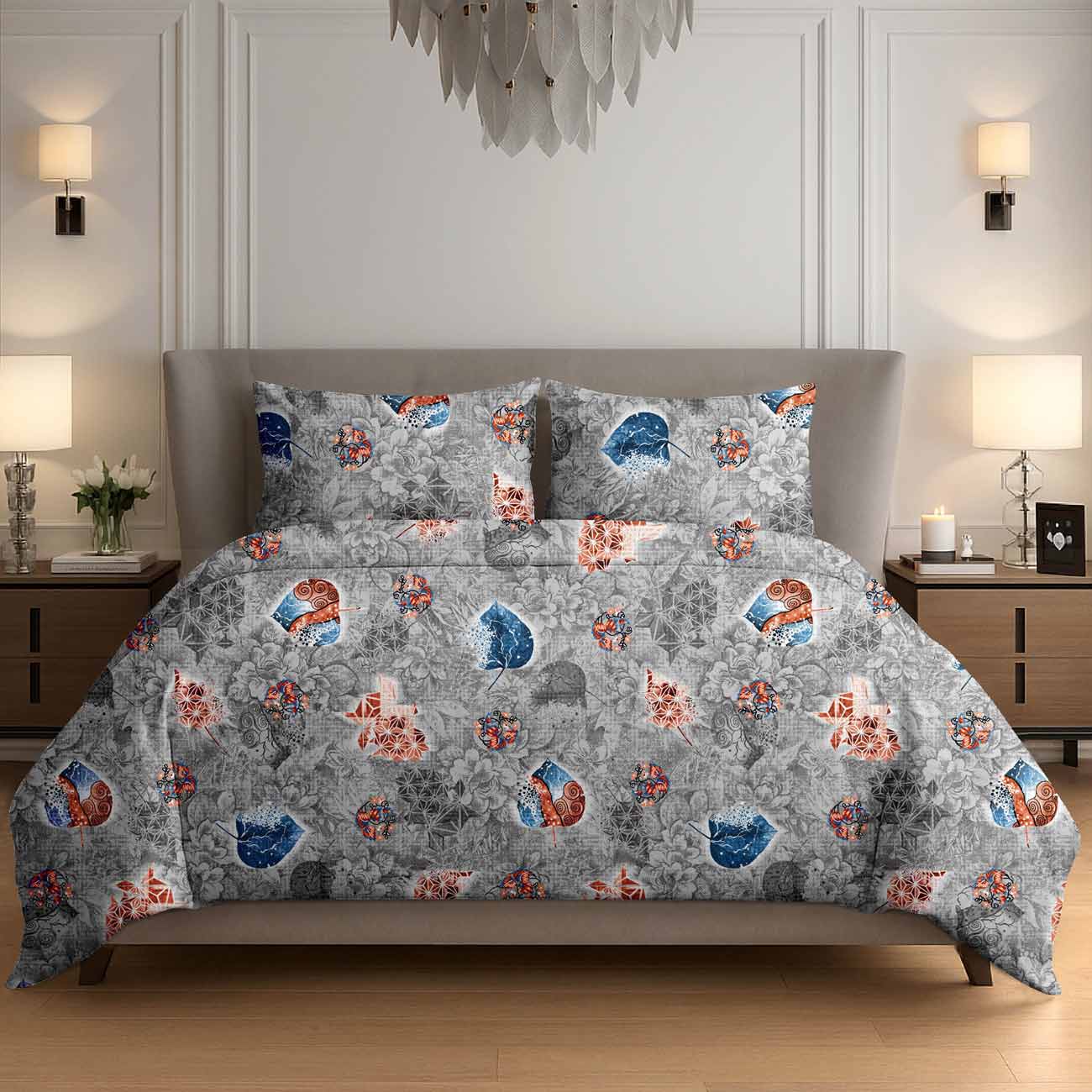 grey-abstract-5A Grey Abstract Leaf Cotton Double Bedsheet for Double Bed with 2 Pillow Covers | Premium Bedding Sets - Image 1