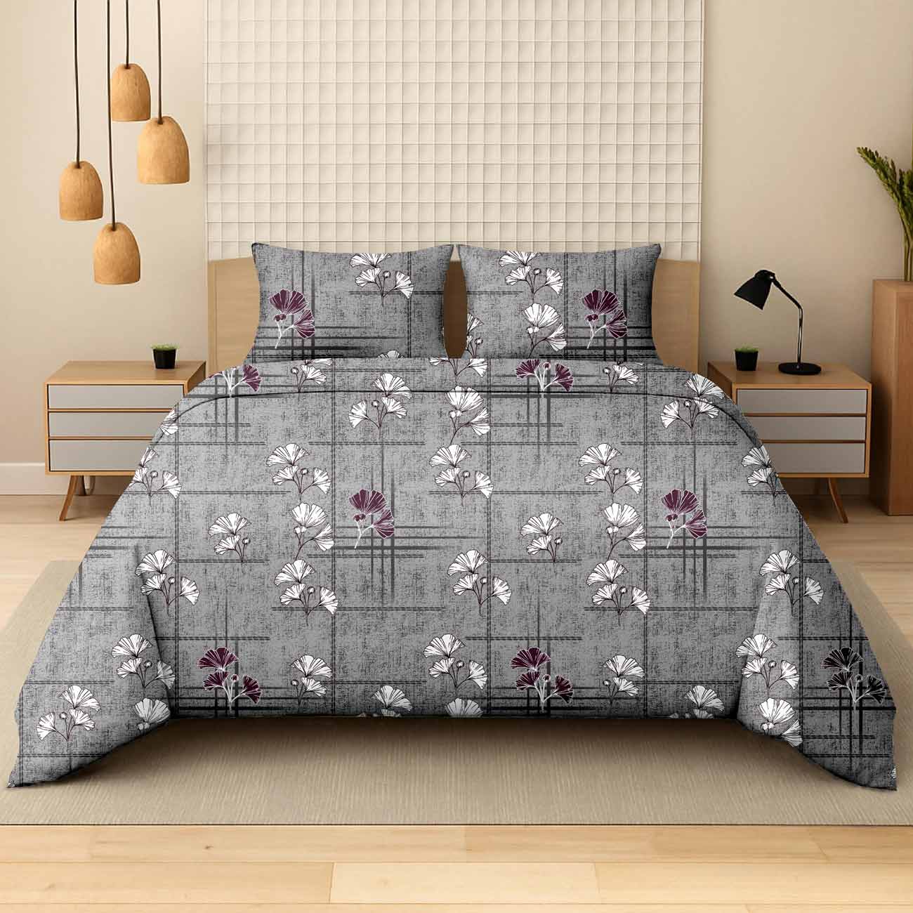 grey-abstract-5B Grey Abstract Ginkgo Luxury Cotton Double Bedsheet for Double Bed with 2 Pillow Covers | Premium Abstract Floral Bedding Sets - Image 1