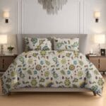 Grey Yellow Floral Vine Cotton Double Bedsheet for Double Bed with 2 Pillow Covers | Premium Floral Bedding Sets