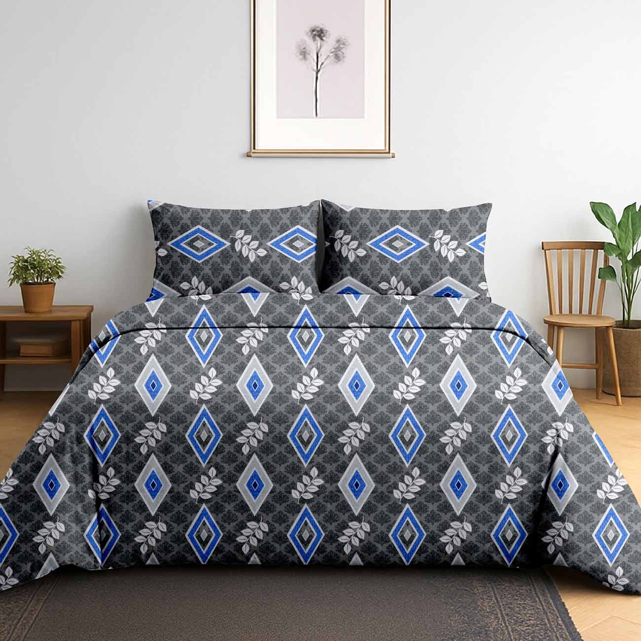 grey-geo-6A Slate Symphony Aura Cotton Double Bedsheet for Double Bed with 2 Pillow Covers | Premium Double Bed Bedsheet - Image 1