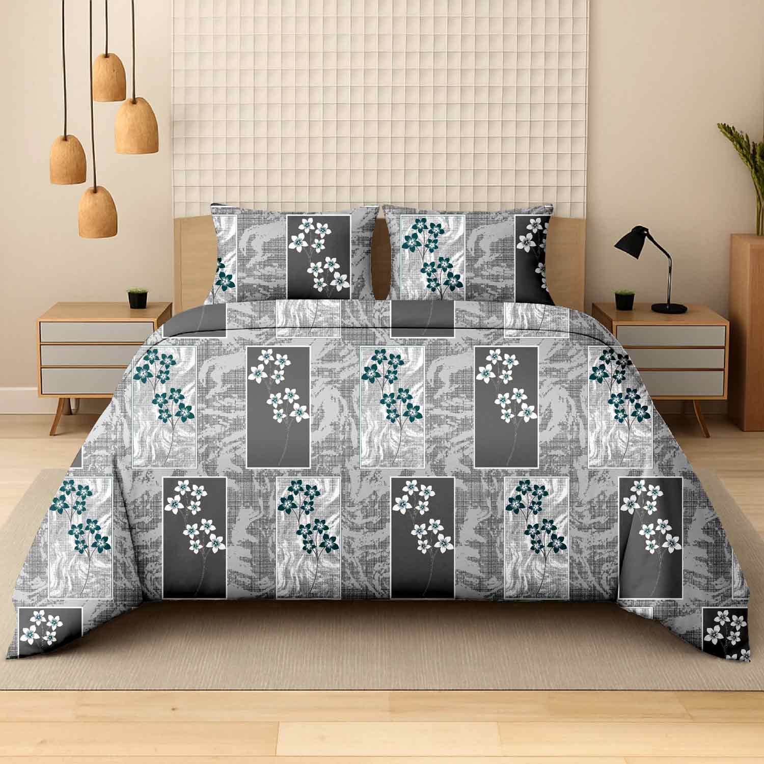 grey-geo-6B Grey Geo Floral Luxury Cotton Double Bedsheet for Double Bed with 2 Pillow Covers | Premium Floral Bedding Sets - Image 1