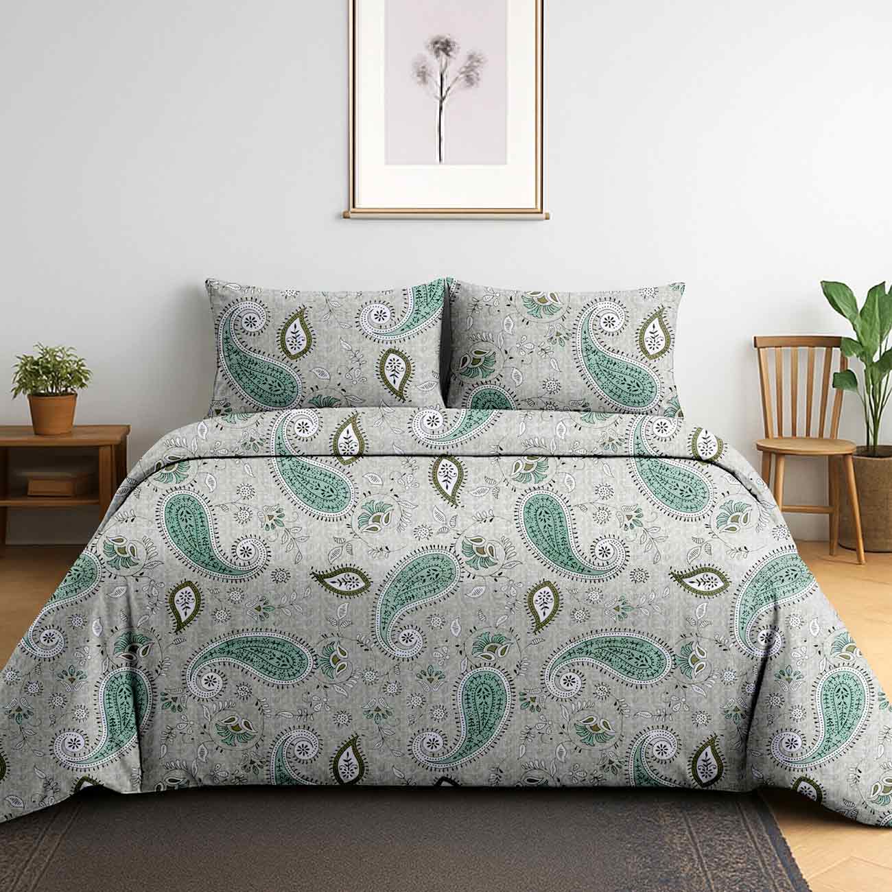 grey-green-kalamkari-4A Sage Paisley Prestige Cotton Double Bedsheet for Double Bed with 2 Pillow Covers | Premium Double Bed Bedsheet - Image 1