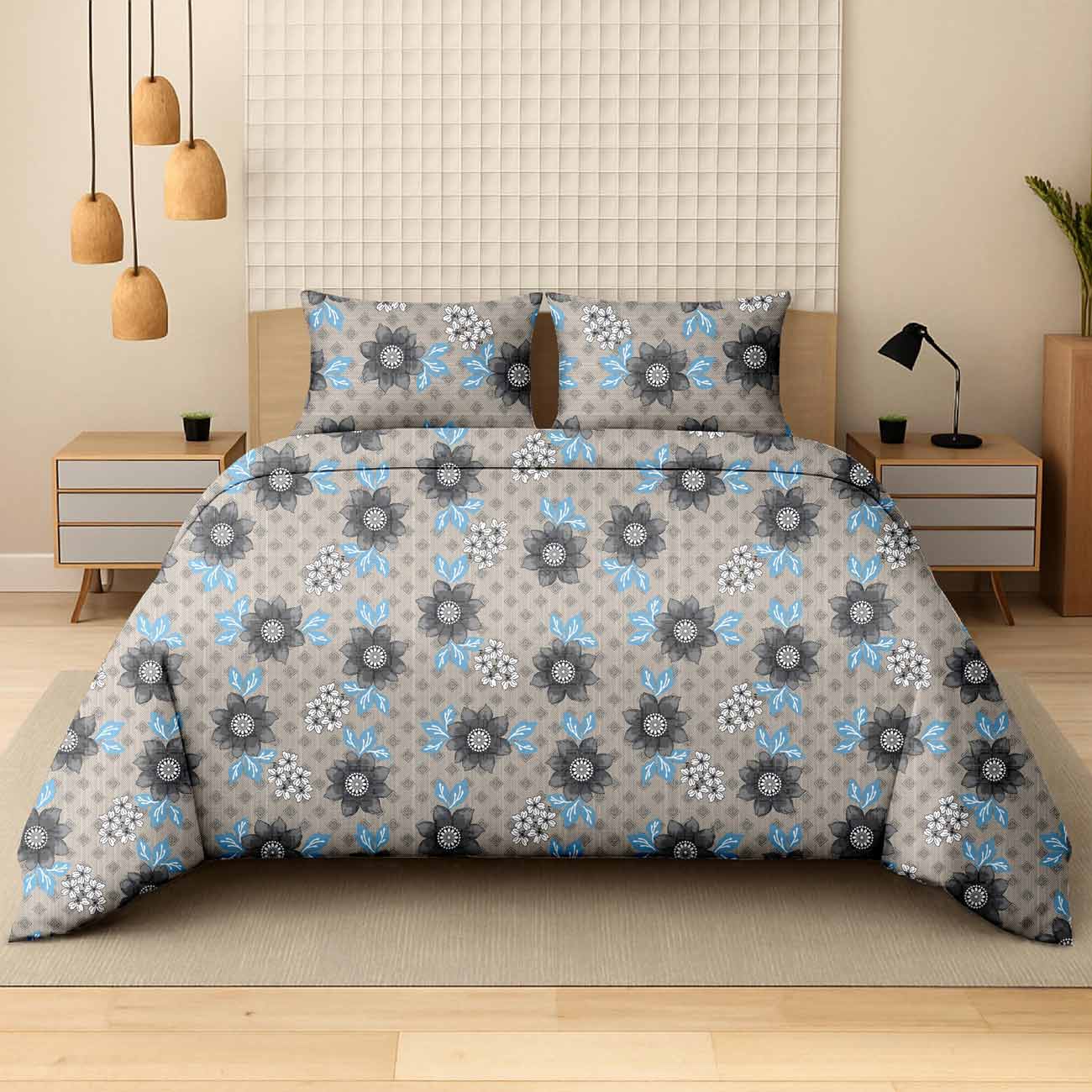 grey-lotus-7C Silver Grey Lotus Luxury Cotton Double Bedsheet for Double Bed with 2 Pillow Covers | Premium Floral Bedding Sets - Image 1