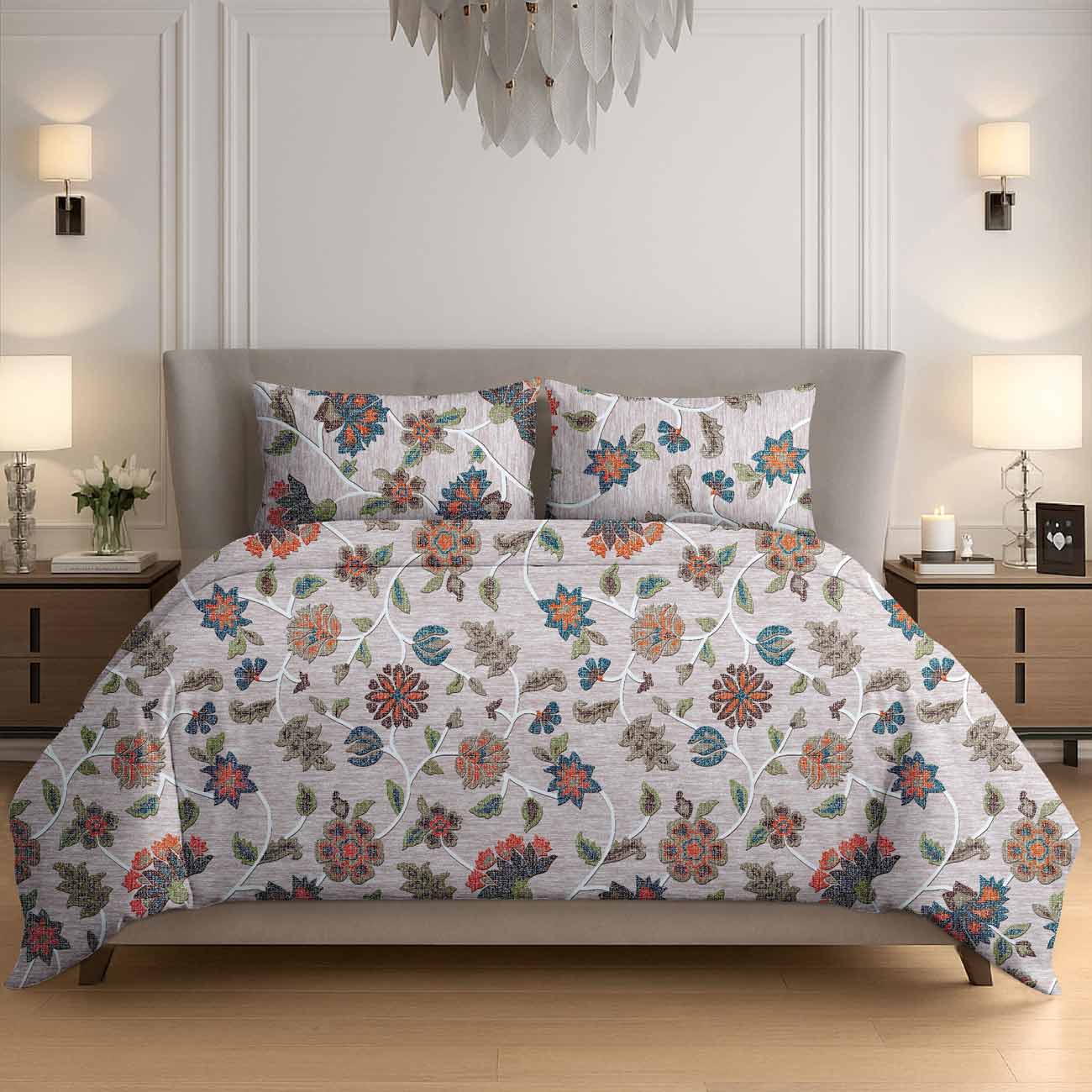 grey-orange--flower-2B Grey Orange Floral Vine Cotton Double Bedsheet for Double Bed with 2 Pillow Covers | Premium Floral Bedding Sets - Image 1