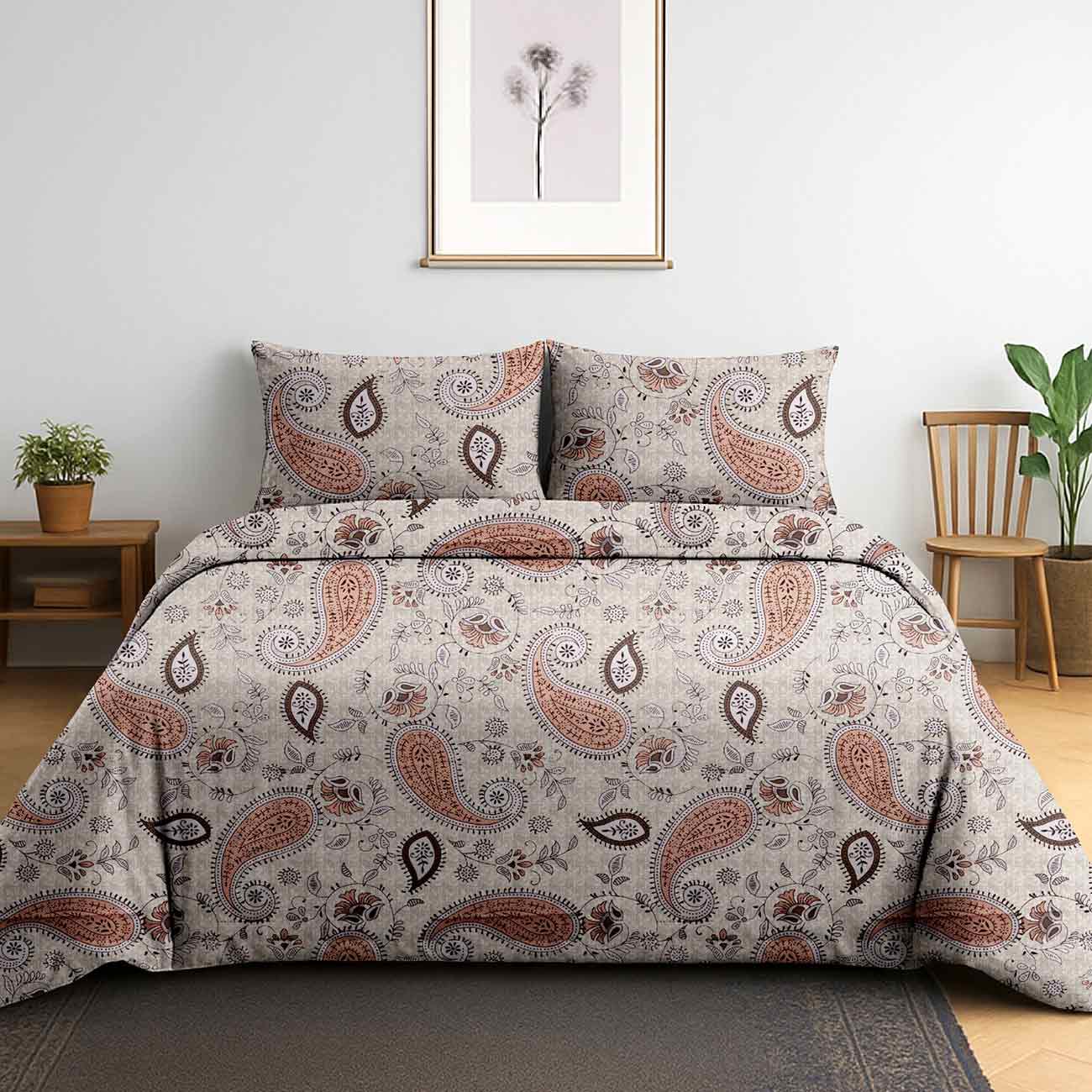 grey-orange-kalamkari-4B Cinnamon Paisley Harmony Cotton Double Bedsheet for Double Bed with 2 Pillow Covers | Premium Double Bed Bedsheet - Image 1
