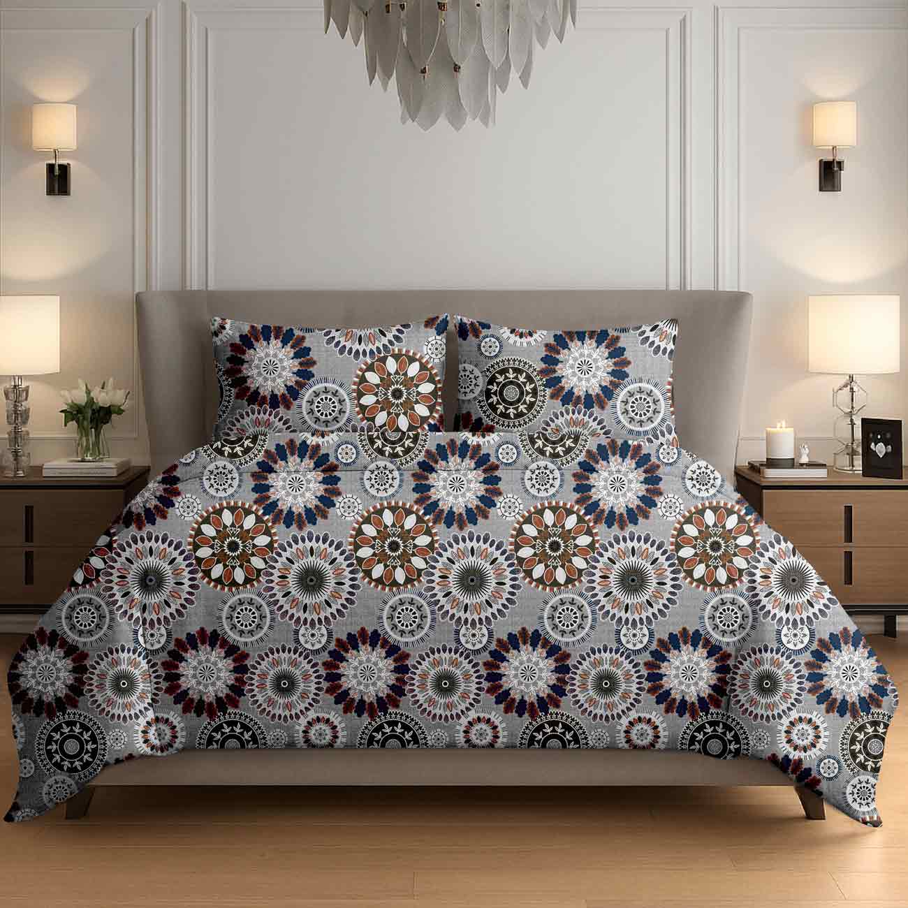 grey-rangoli-7B Classic Grey Mandala Rangoli Cotton Double Bedsheet for Double Bed with 2 Pillow Covers | Premium Bedding Sets - Image 1