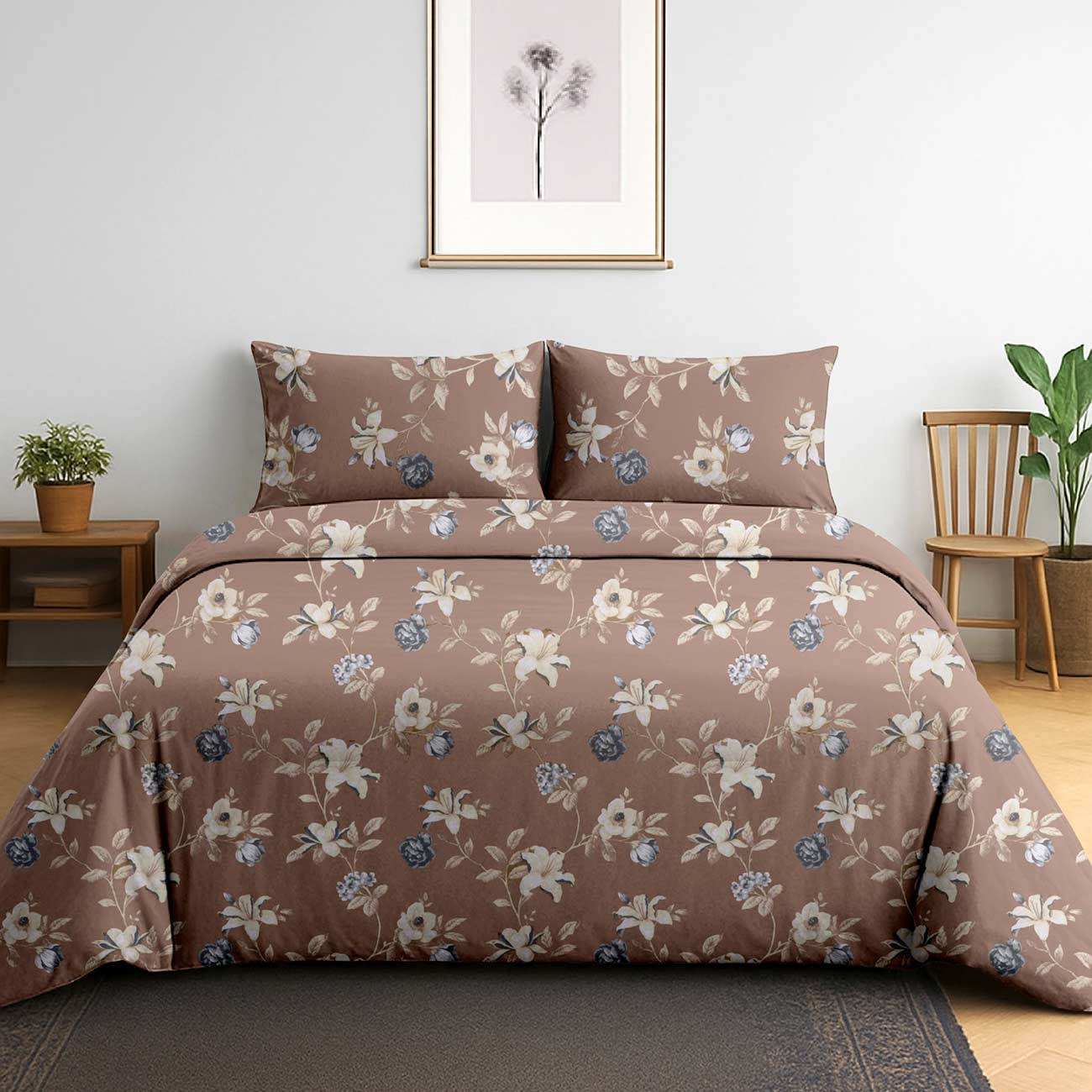 light-brown-flower-1A Earthy Garden Bloom Cotton Double Bedsheet for Double Bed with 2 Pillow Covers | Premium Double Bed Bedsheet - Image 1