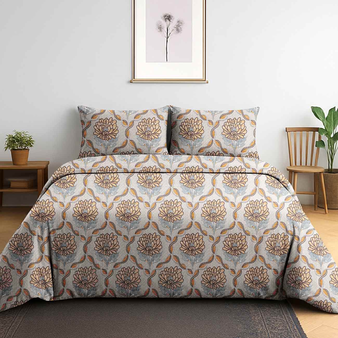 light-grey-orange-abstract-12B Serene Blossom Autumn Bloom Floral Cotton Double Bedsheet with 2 Pillow Covers | Queen Size Bedding Set - Image 1