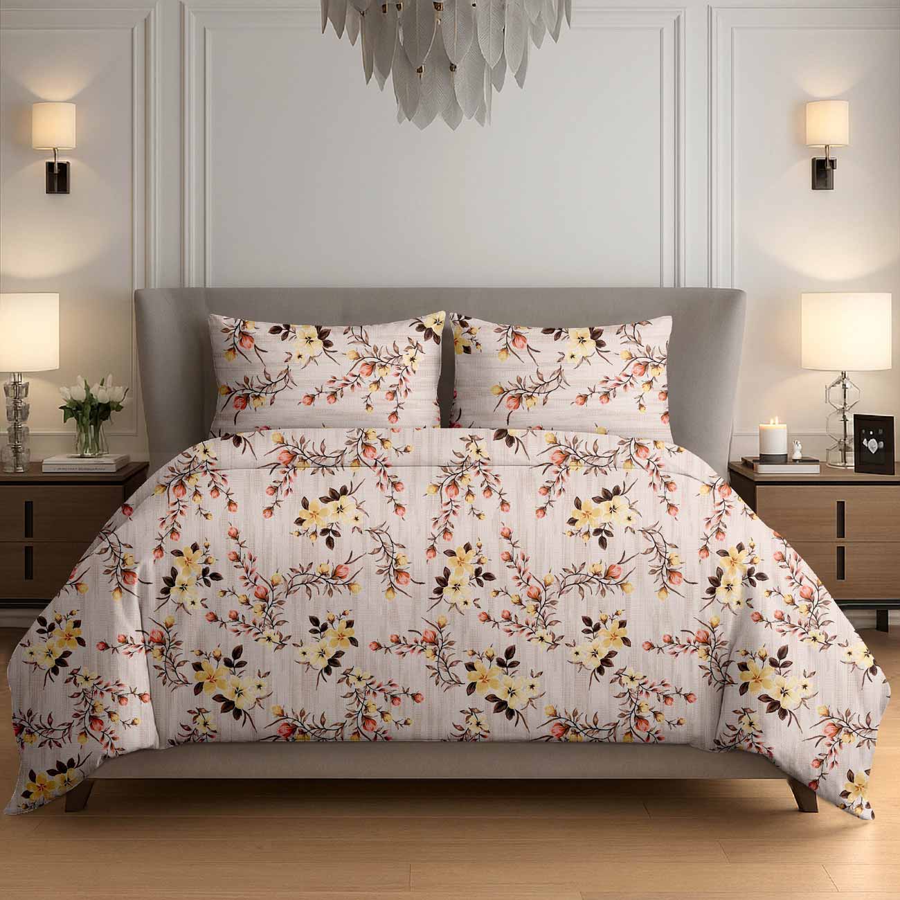 light-orange-flower-8B Light Orange Spring Floral Cotton Double Bedsheet for Double Bed with 2 Pillow Covers | Premium Floral Bedding Sets - Image 1