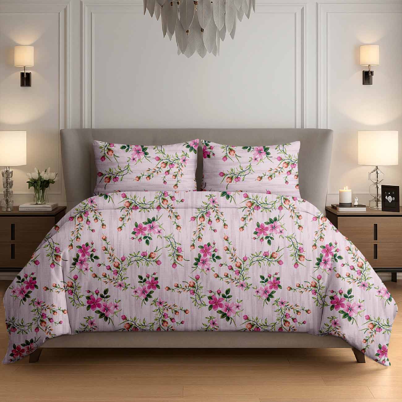 light-pink-flower-8A Light Pink Spring Floral Cotton Double Bedsheet for Double Bed with 2 Pillow Covers | Premium Floral Bedding Sets - Image 1