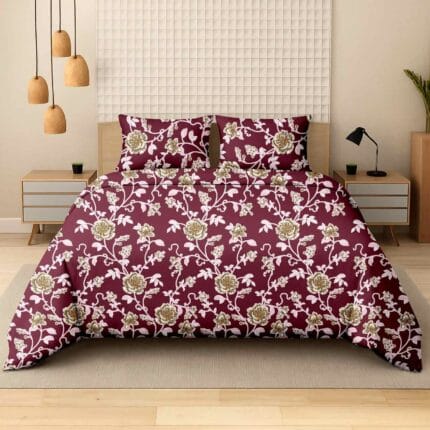 Imperial Floral Vine Maroon Luxury Cotton Double Bedsheet for Double Bed with 2 Pillow Covers | Premium Floral Bedding