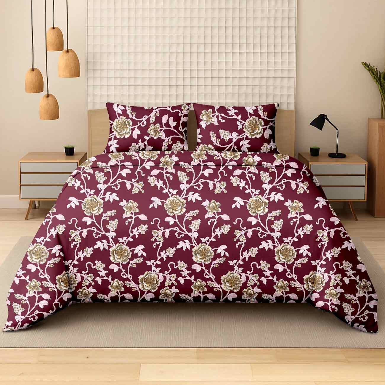 maroon--flower-8B Imperial Floral Vine Maroon Luxury Cotton Double Bedsheet for Double Bed with 2 Pillow Covers | Premium Floral Bedding - Image 1