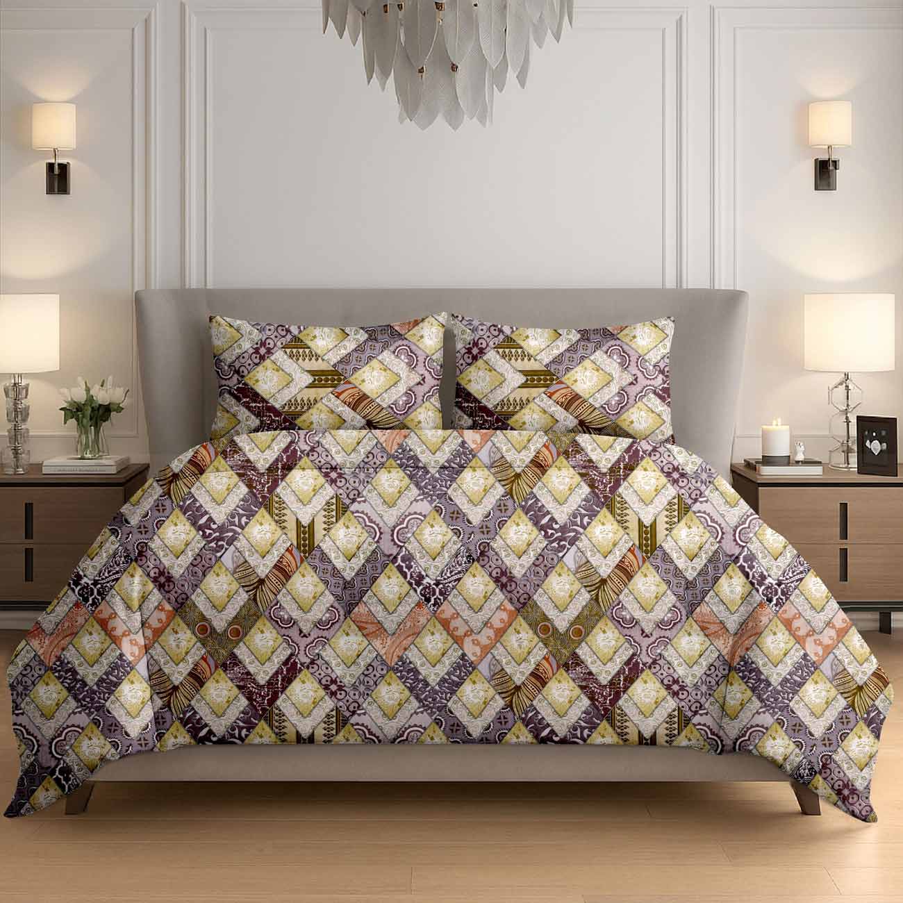 maroon-yellow-boho-1B Maroon Yellow Boho Patchwork Cotton Double Bedsheet for Double Bed with 2 Pillow Covers | Premium Bohemian Bedding Sets - Image 1