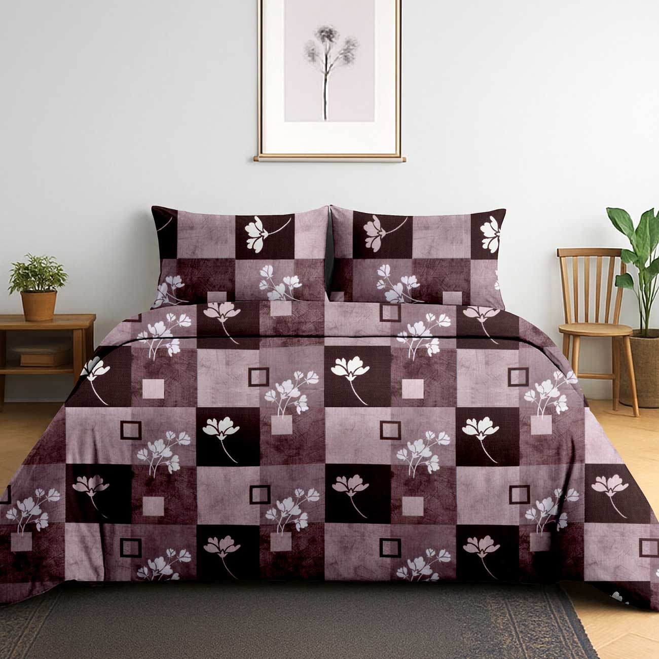marron--abstract-9B Velvet Check Bloom Cotton Double Bedsheet for Double Bed with 2 Pillow Covers | Premium Cotton Bedding Set - Image 1