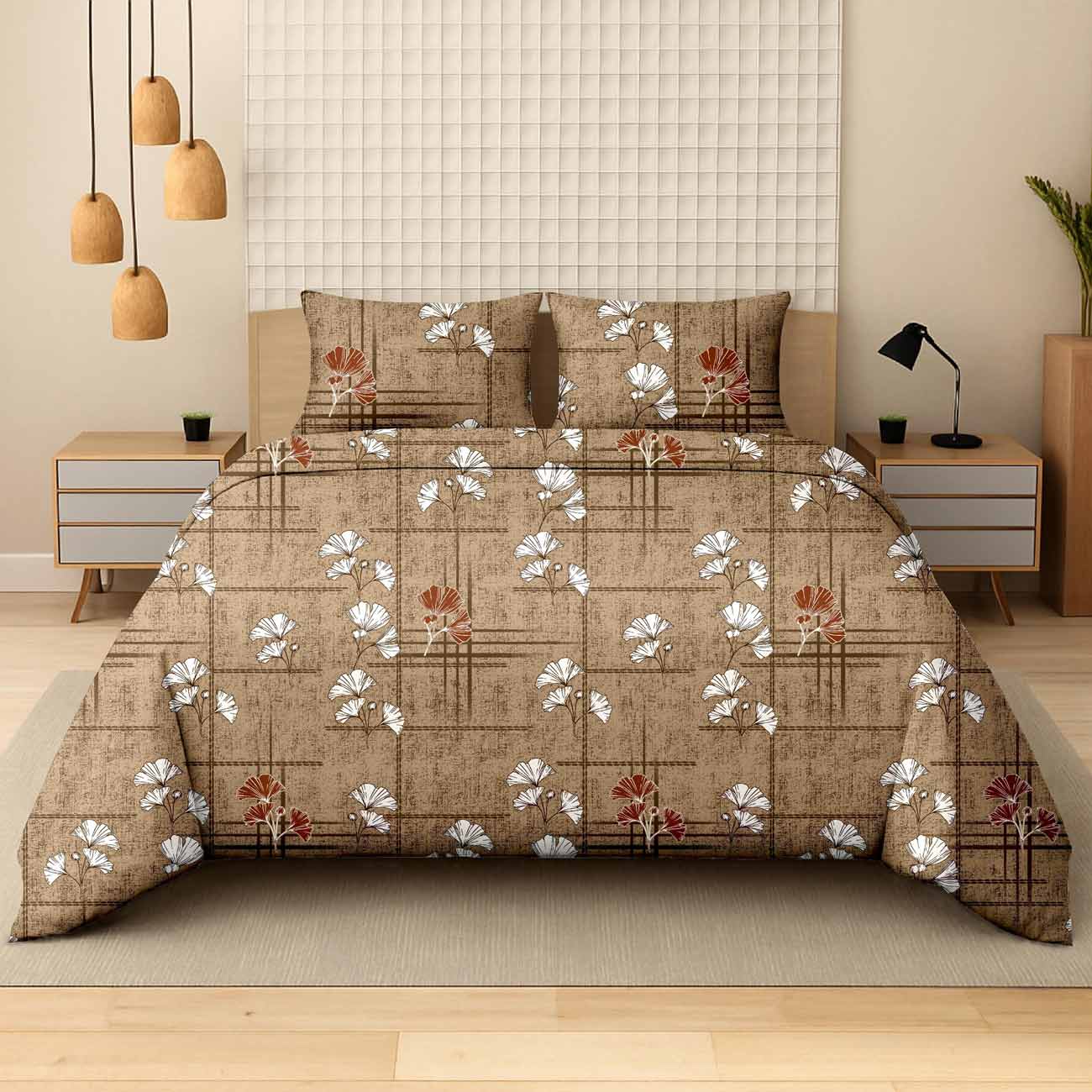mustard-abstract-5A Mustard Abstract Ginkgo Luxury Cotton Double Bedsheet for Double Bed with 2 Pillow Covers | Premium Abstract Floral Bedding Sets - Image 1