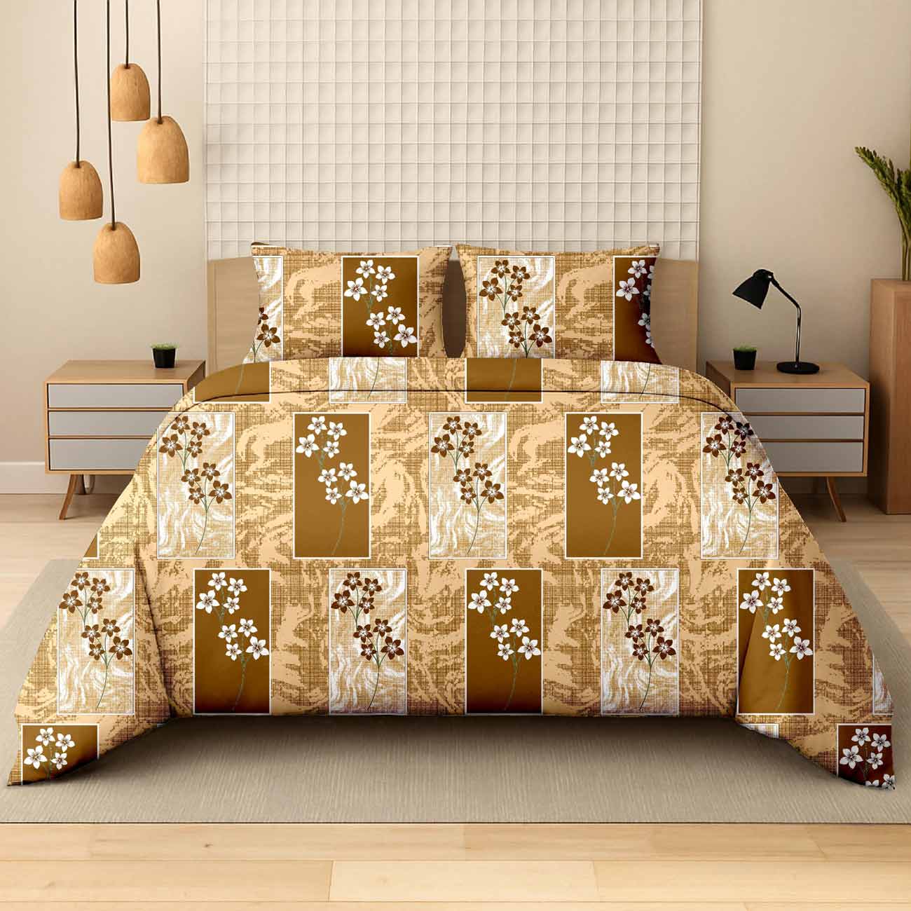 mustard-geo-6C Mustard Geo Floral Luxury Cotton Double Bedsheet for Double Bed with 2 Pillow Covers | Premium Floral Bedding Sets - Image 1