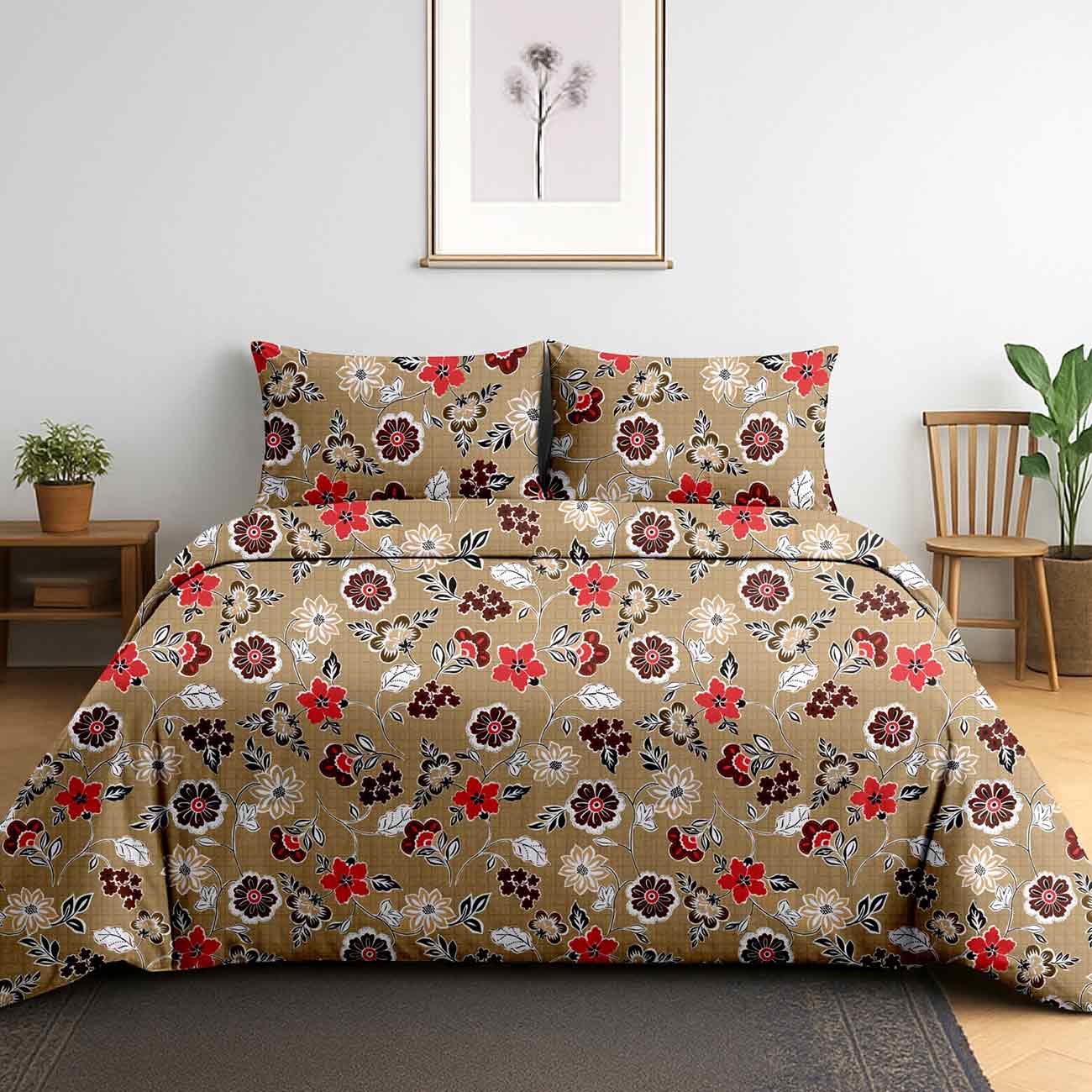 mustard-yellow-geo-10B Rustic Scarlet Bloom Cotton Double Bedsheet for Double Bed with 2 Pillow Covers | Queen Size Bed Sheets - Image 1