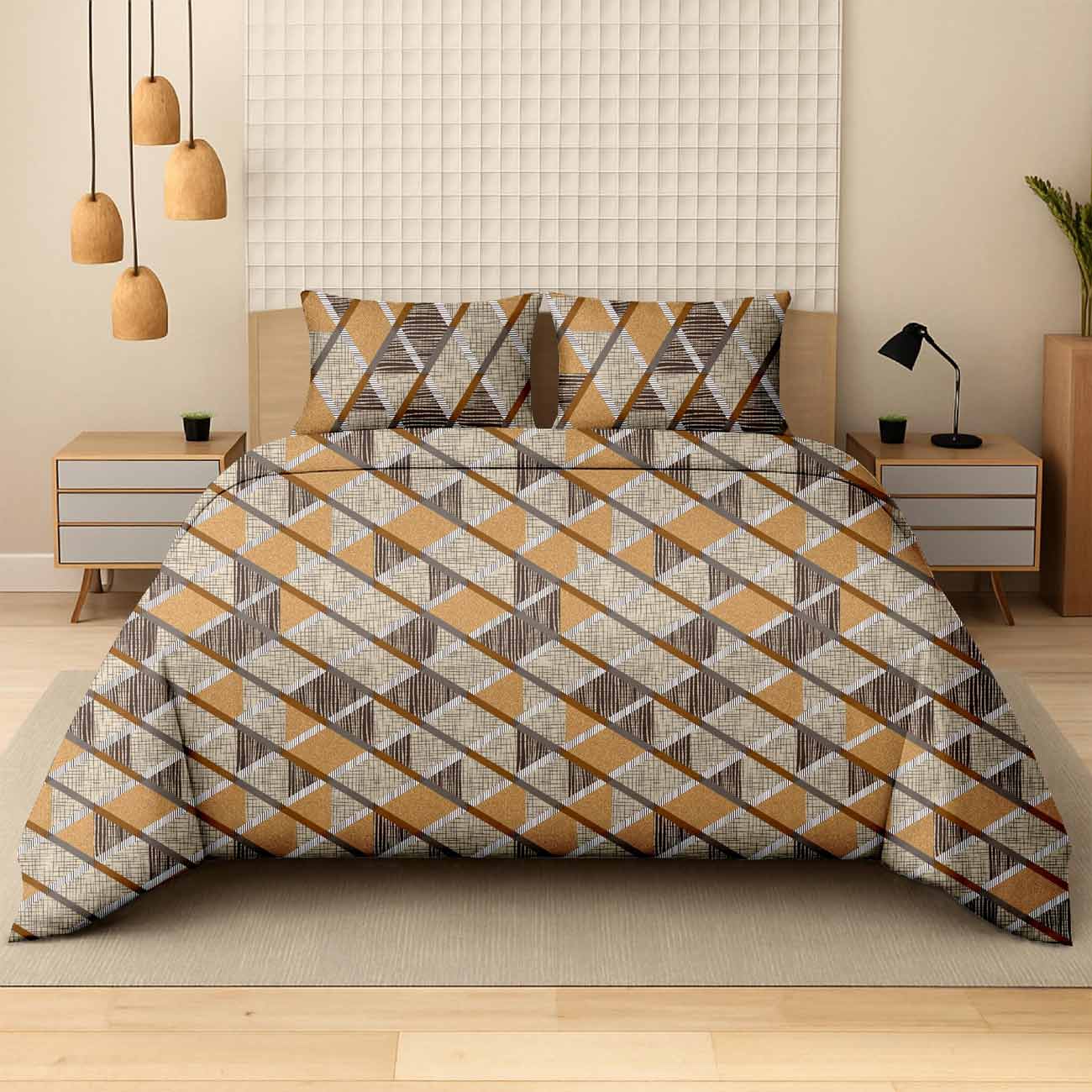 orange-geo-4B Warm Orange Geometric Cotton Double Bedsheet for Double Bed with 2 Pillow Covers | Premium Bedding Sets - Image 1