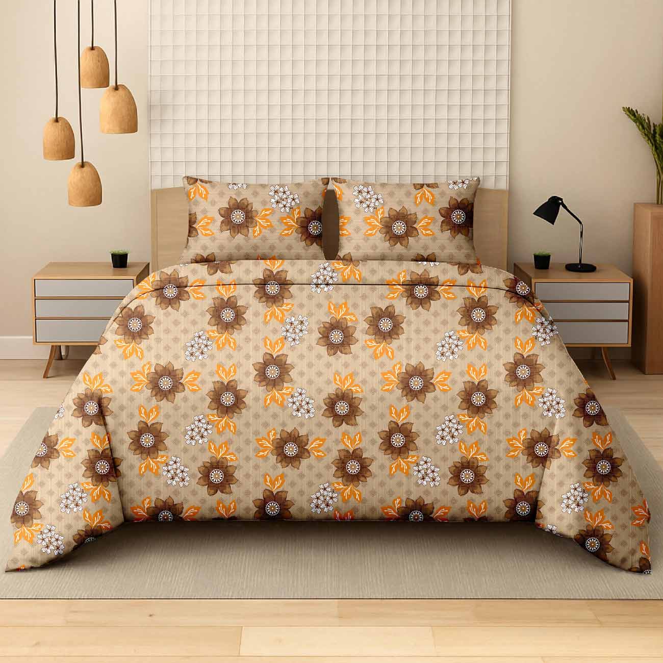 orange-lotus-7A Golden Orange Lotus Luxury Cotton Double Bedsheet for Double Bed with 2 Pillow Covers | Premium Floral Bedding Sets - Image 1
