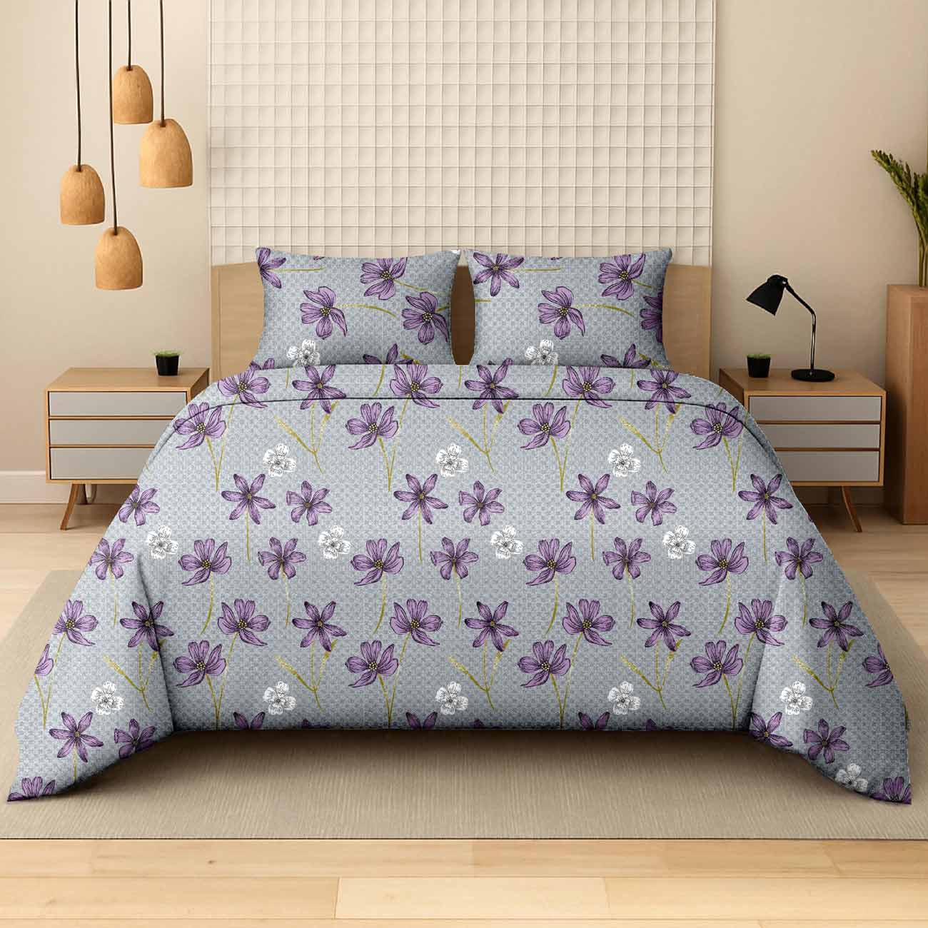 pastel-blue-bel-3C Pastel Cosmos Dream Blue Luxury Cotton Double Bedsheet for Double Bed with 2 Pillow Covers | Premium Floral Bedding - Image 1