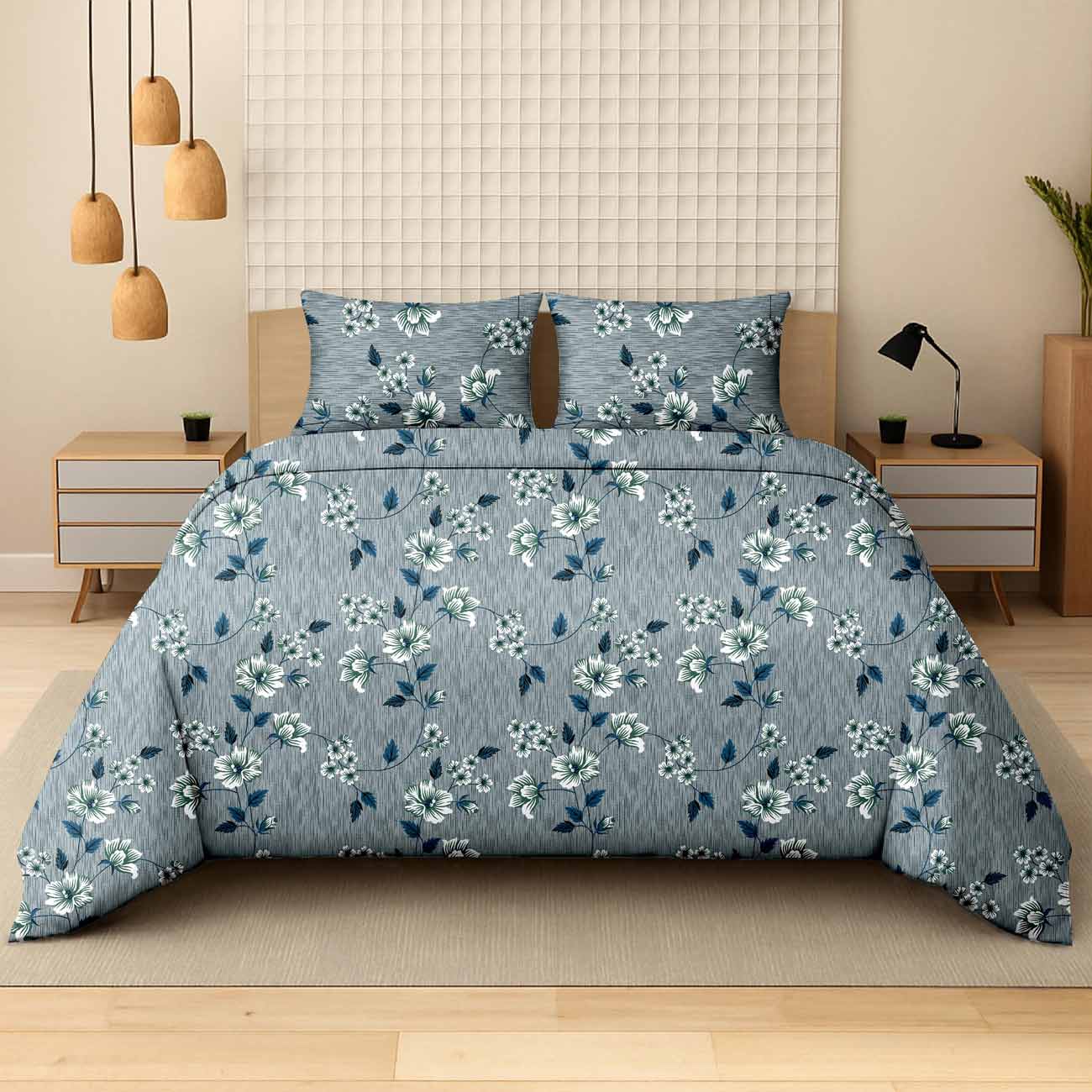 pastel-blueflower-2C Blue Blossom Meadow Cotton Double Bedsheet for Double Bed with 2 Pillow Covers | Premium Double Bed Bedsheet - Image 1