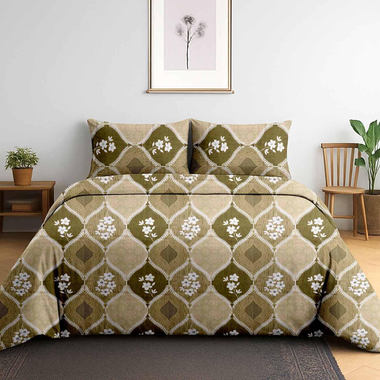 pastel-green-7A Olive Mosaic Grace Cotton Double Bedsheet for Double Bed with 2 Pillow Covers | Premium Cotton Bed Sheet Set - Image 1