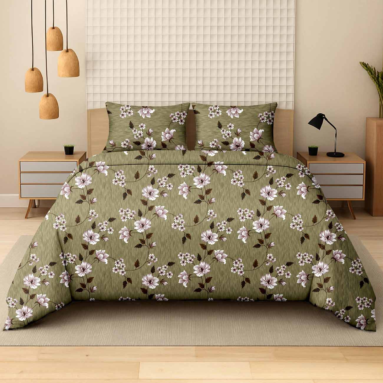 pastel-green-flower-2A Green Blossom Meadow Cotton Double Bedsheet for Double Bed with 2 Pillow Covers | Premium Double Bed Bedsheet - Image 1