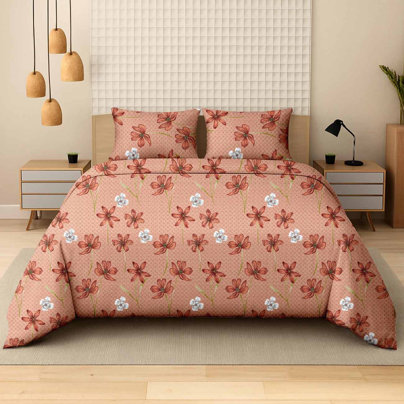 pastel-orange-bel-3A Pastel Cosmos Dream Orange Luxury Cotton Double Bedsheet for Double Bed with 2 Pillow Covers | Premium Floral Bedding - Image 1