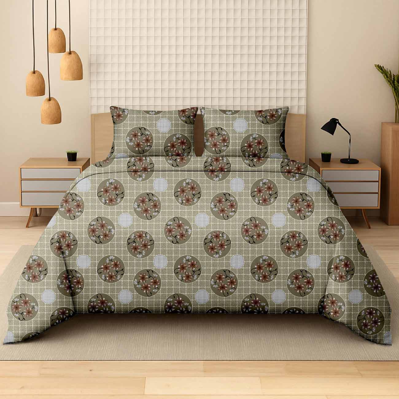 pastel-orange-green-abstract-1C Emerald Garden Circles Cotton Double Bedsheet for Double Bed with 2 Pillow Covers | Premium Double Bed Bedsheet - Image 1