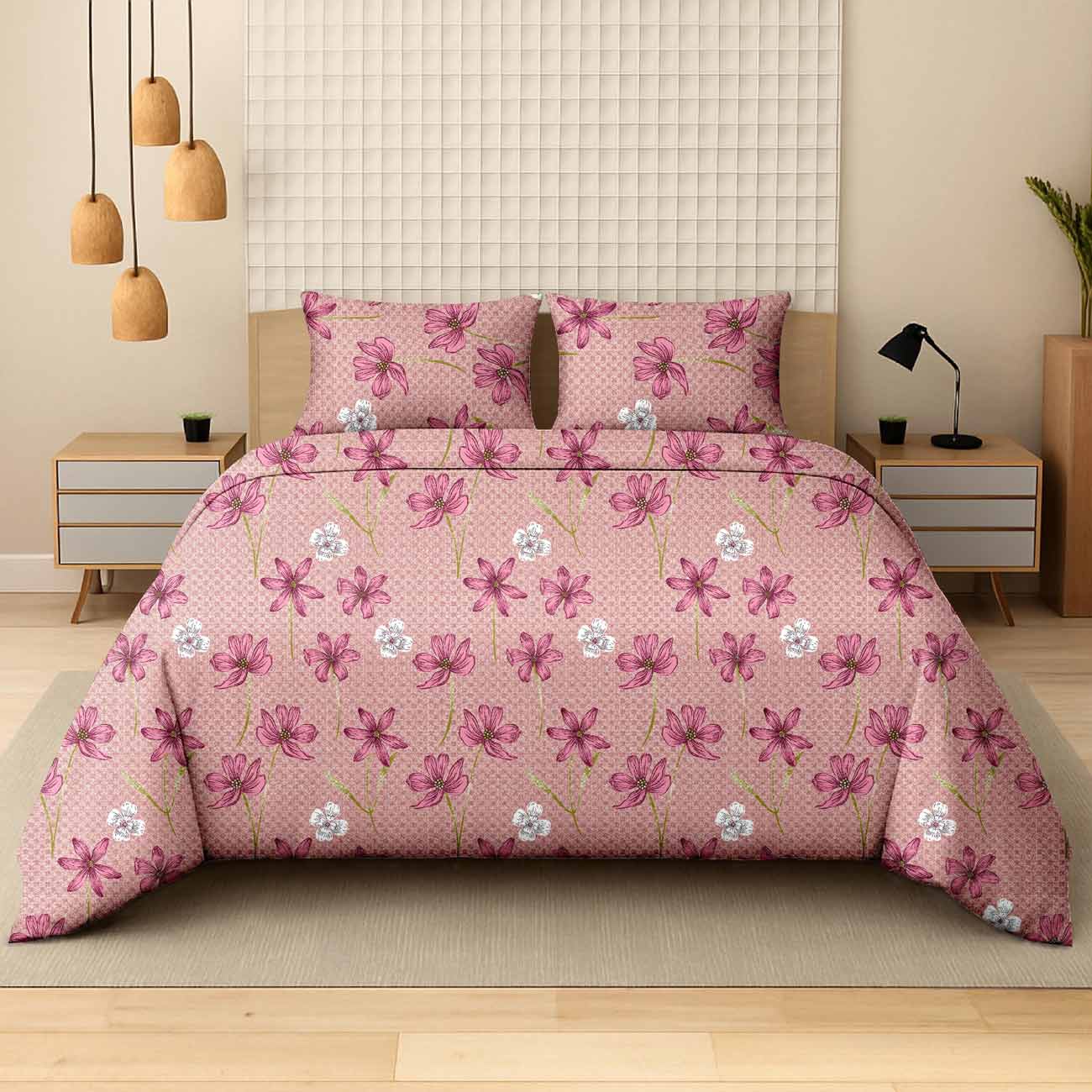 pastel-pink-bel-3B Pastel Cosmos Dream Pink Luxury Cotton Double Bedsheet for Double Bed with 2 Pillow Covers | Premium Floral Bedding - Image 1
