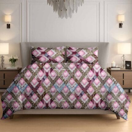 Pink Brown Boho Patchwork Cotton Double Bedsheet for Double Bed with 2 Pillow Covers | Premium Bohemian Bedding Sets