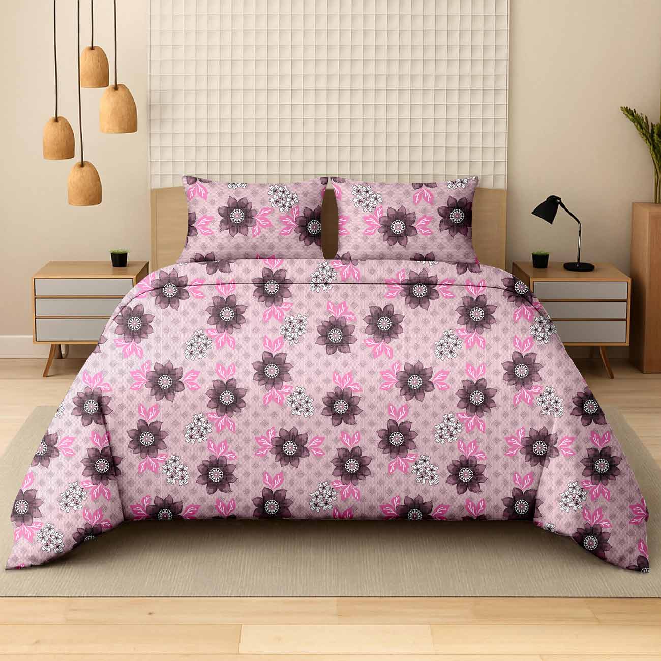pink-lotus-7B Rosy Pink Lotus Luxury Cotton Double Bedsheet for Double Bed with 2 Pillow Covers | Premium Floral Bedding Sets - Image 1