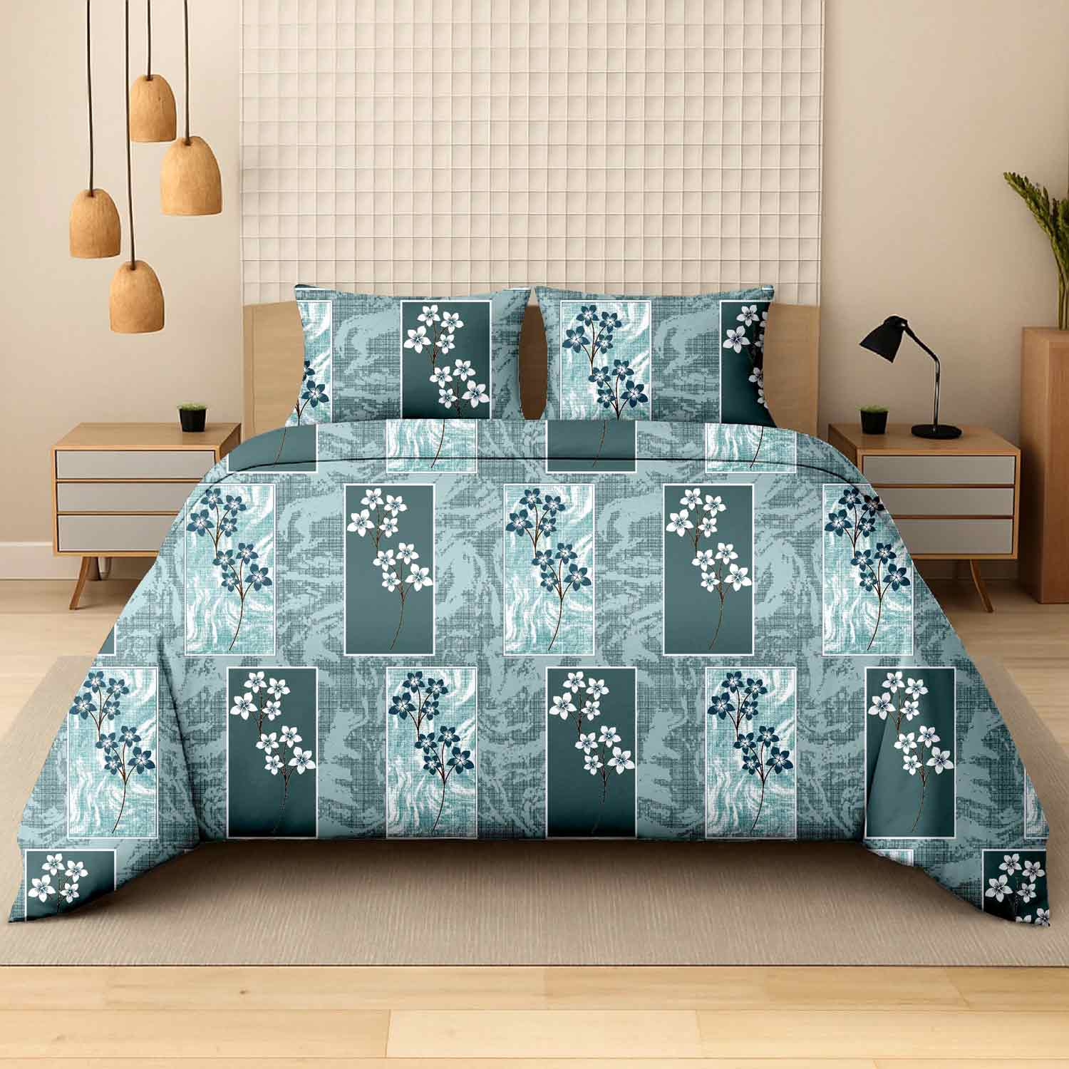 turqoise-geo-6A Turquoise Geo Floral Luxury Cotton Double Bedsheet for Double Bed with 2 Pillow Covers | Premium Floral Bedding Sets - Image 1