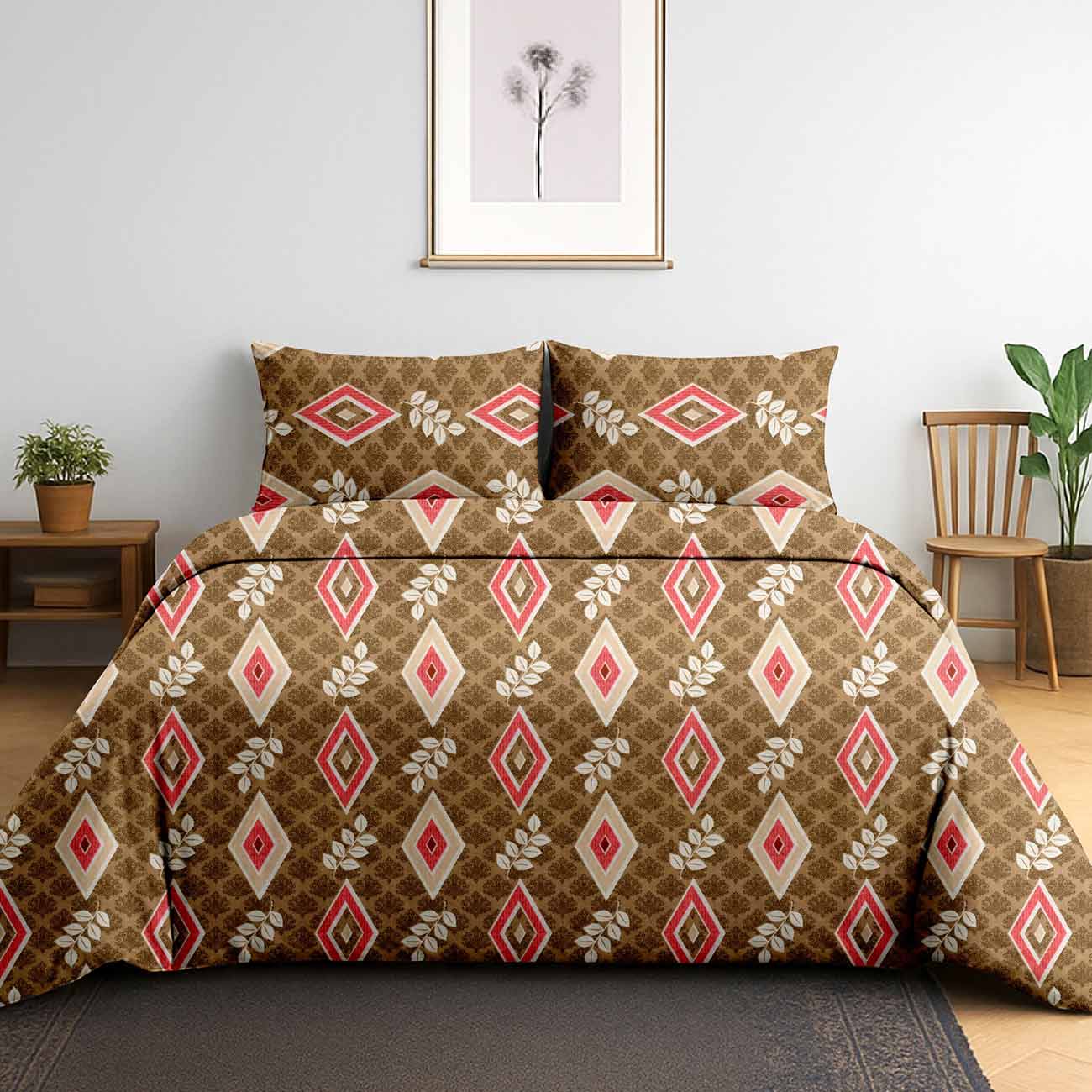 yellow-geo-6B Golden Horizon Aura Cotton Double Bedsheet for Double Bed with 2 Pillow Covers | Modern Cotton Bed Sheet Set - Image 1